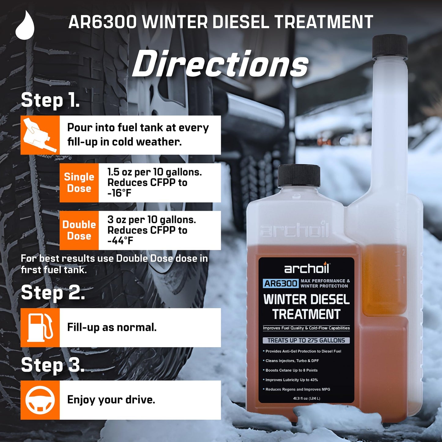 Archoil AR6300 Winter Diesel Treatment (41 oz) Treats 275 Gallons, Diesel Anti-Gel Additive, Lubricity Improver, Cetane Booster, Injector Cleaner, DPF & Turbo Deposit Control