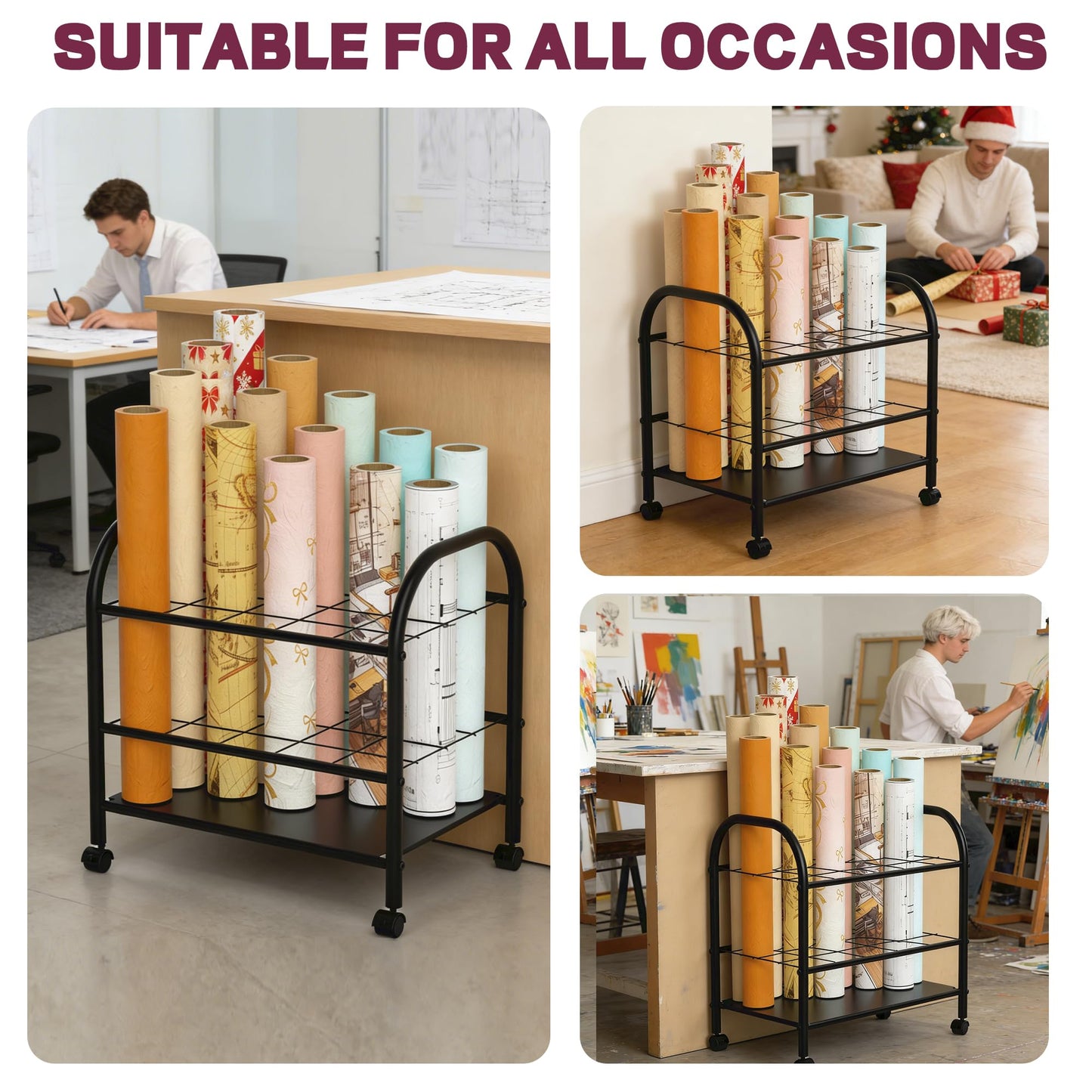 Yutrchey Blueprint Storage Rack with Wheels – 20-Slot Metal Roll File Holder with Silent Casters & Brakes for Blueprints, Wrapping Paper, Posters, Maps – Mobile File Cart for Office & Home (Black)