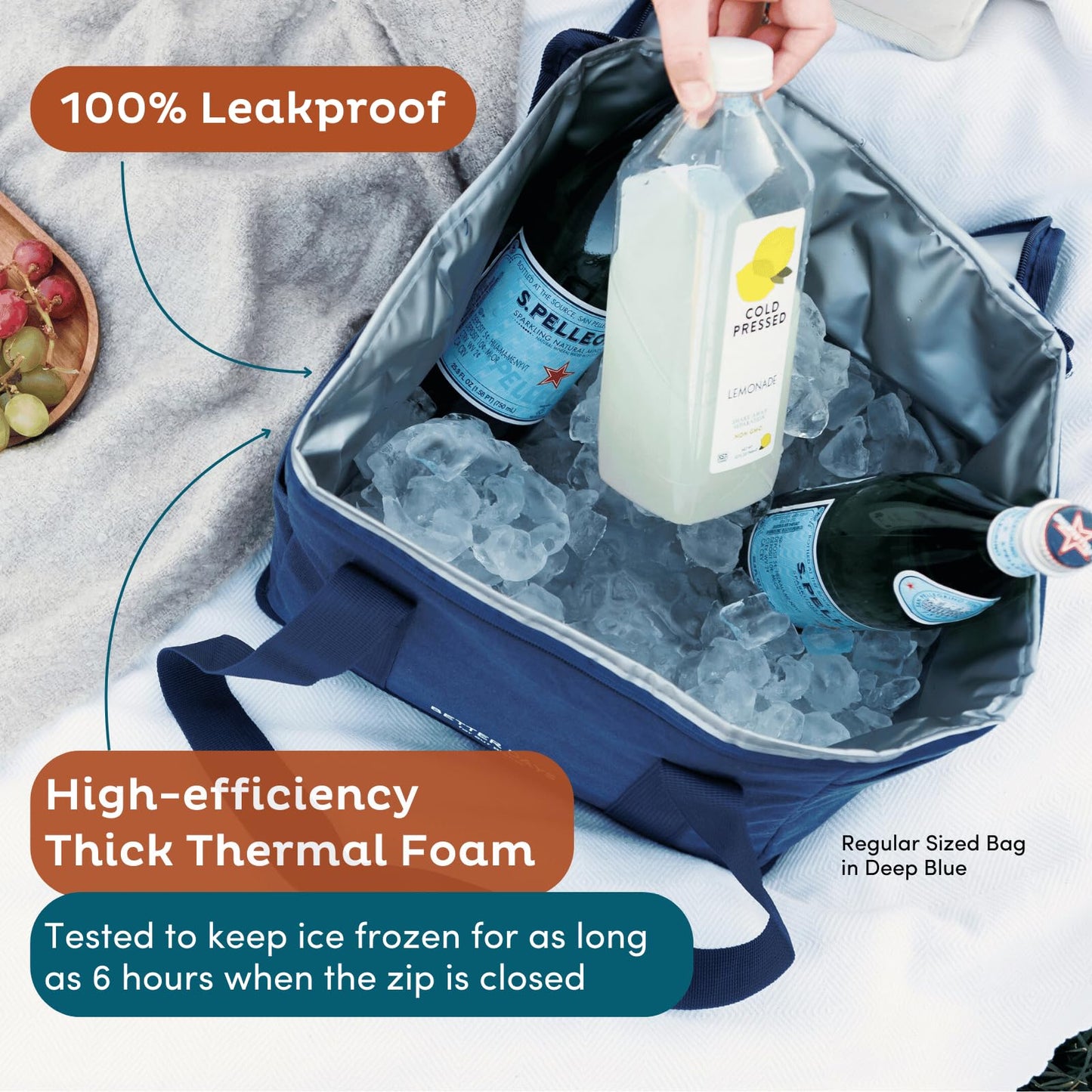 Nook Theory Insulated Grocery Bags, X-Large Reusable Grocery Bag with Zipper, Leak Proof Cooler Bag for Frozen and Hot Food, Perfect for Picnic and Travel (Deep Blue)