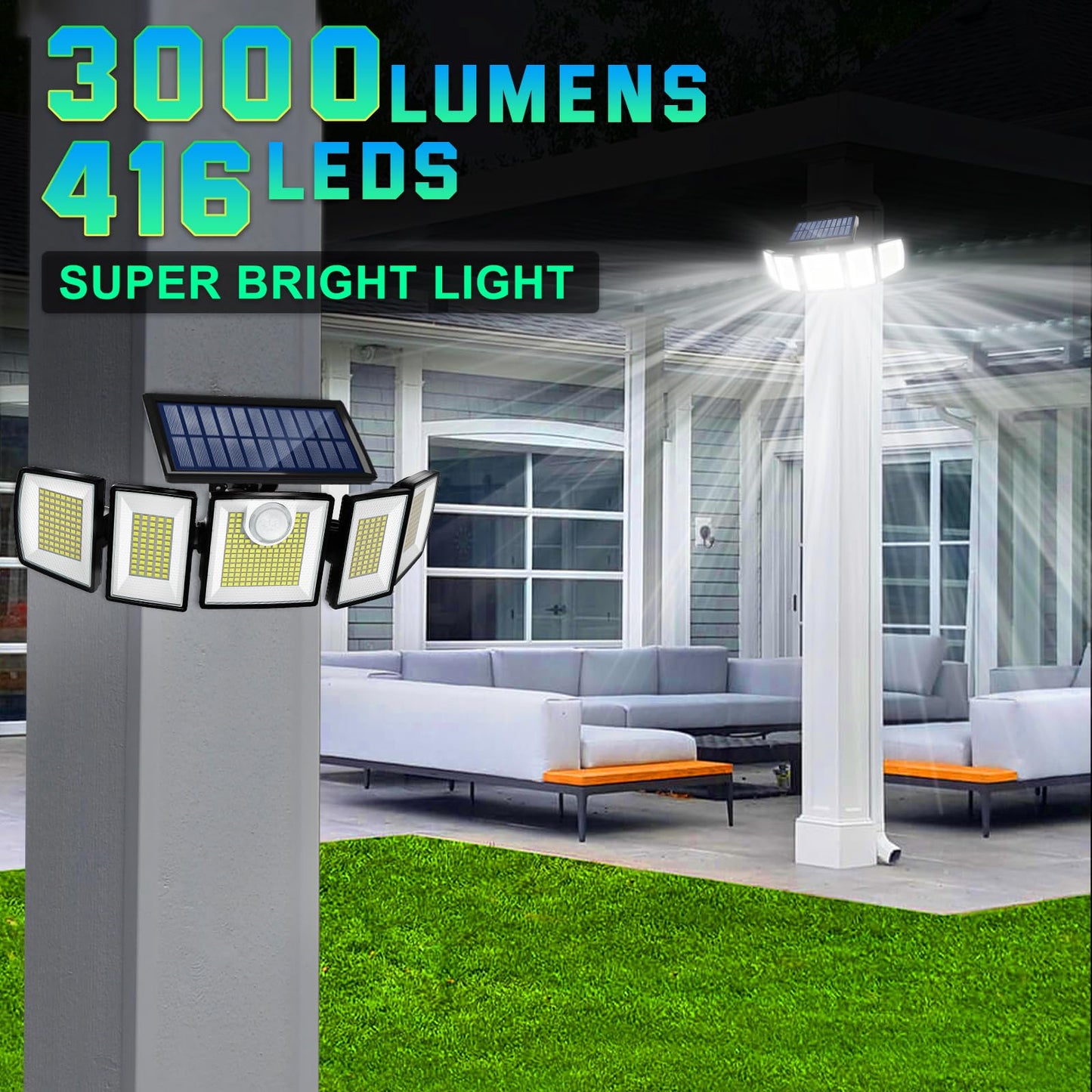 MDCMDCM Solar Lights Outdoor Motion Sensor IP65 Waterproof - 416 LEDs 3000LM Bright 3 Warm White Lighting Modes, 360°Adjustable 2400mAh Battery 32ft for Garden Patio Security (2, 416 LED)