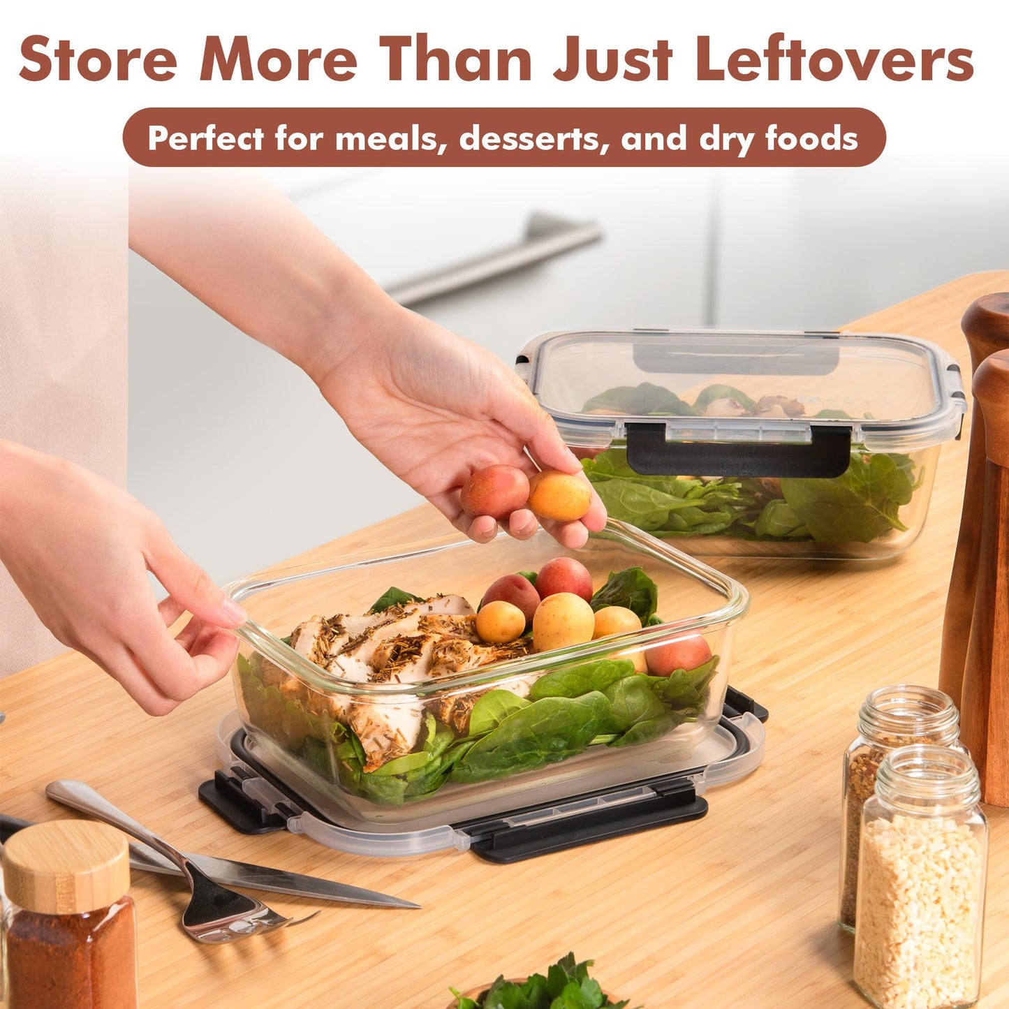 8 Cups/ 63 Oz 4 Piece (2 containers + 2 Lids) Large Glass Food Storage/Baking Containers w/Locking Lids Ideal for Storing food, vegetables/fruits BPA Free & Leak Proof Microwave, Oven Safe - Black