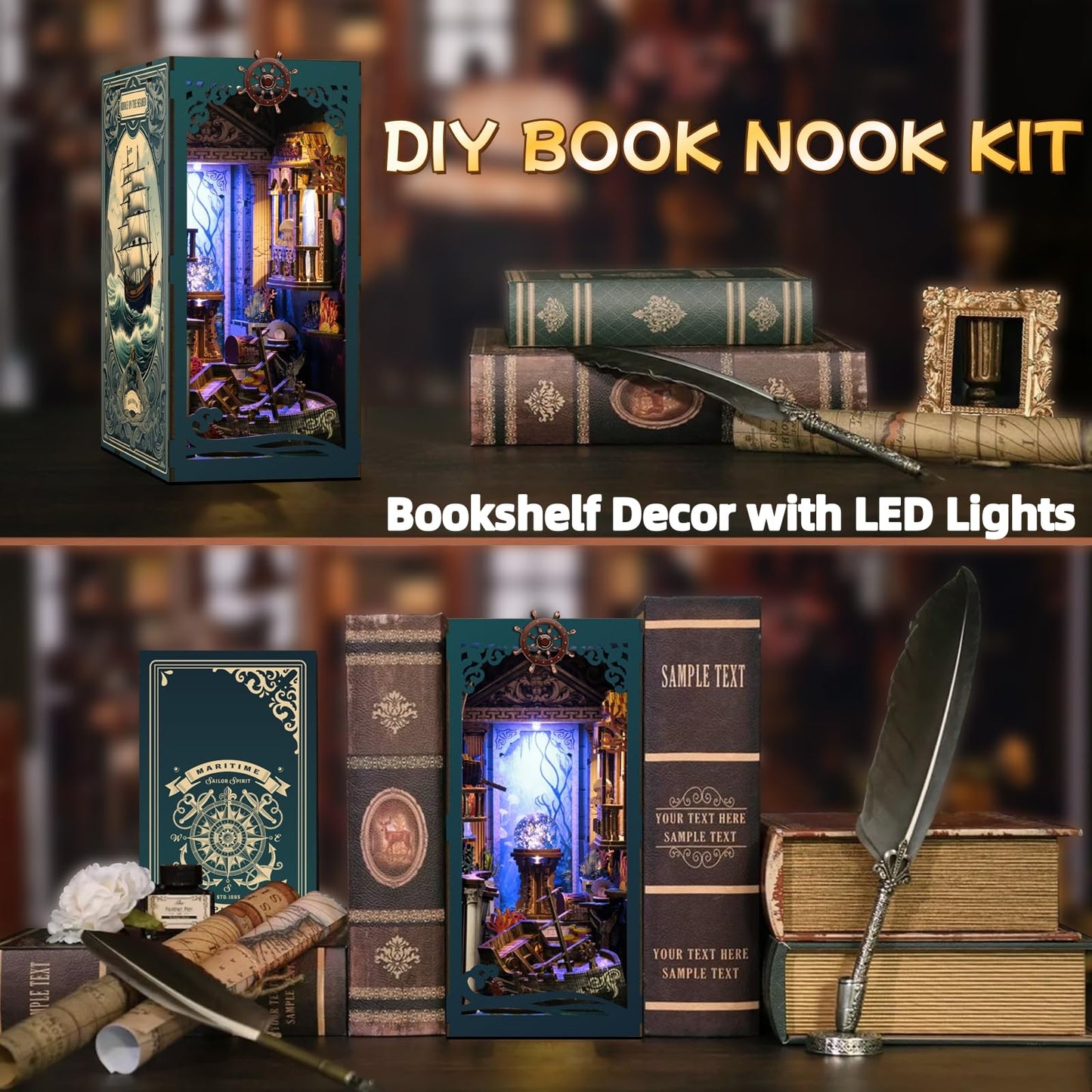MOSTCLOUD Book Nook Kit, DIY Miniature Dollhouse Booknook Kit with LED Light, 3D Wooden Puzzle Bookend, Bookshelf Decor, for Adults Teens, Theme: Mystery Beneath The Sea