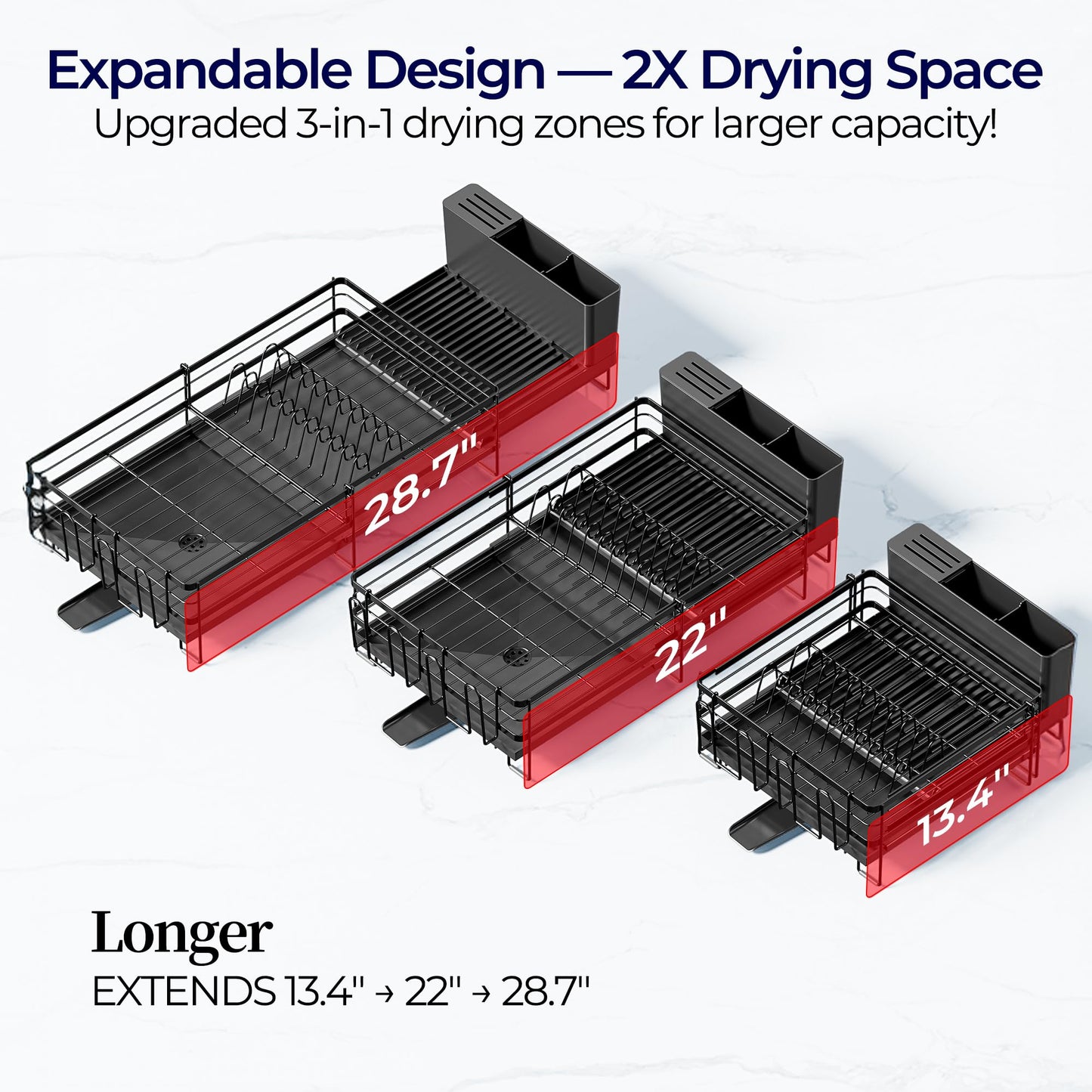 Large Dish Drying Rack - Extendable Dish Rack for Kitchen Counter, Multifunctional Dish Drainer with Drainboard Set, Dishrack with Utensil Holder & Cup Holder, 13.4"-28.7" L x 11.8" W, Black