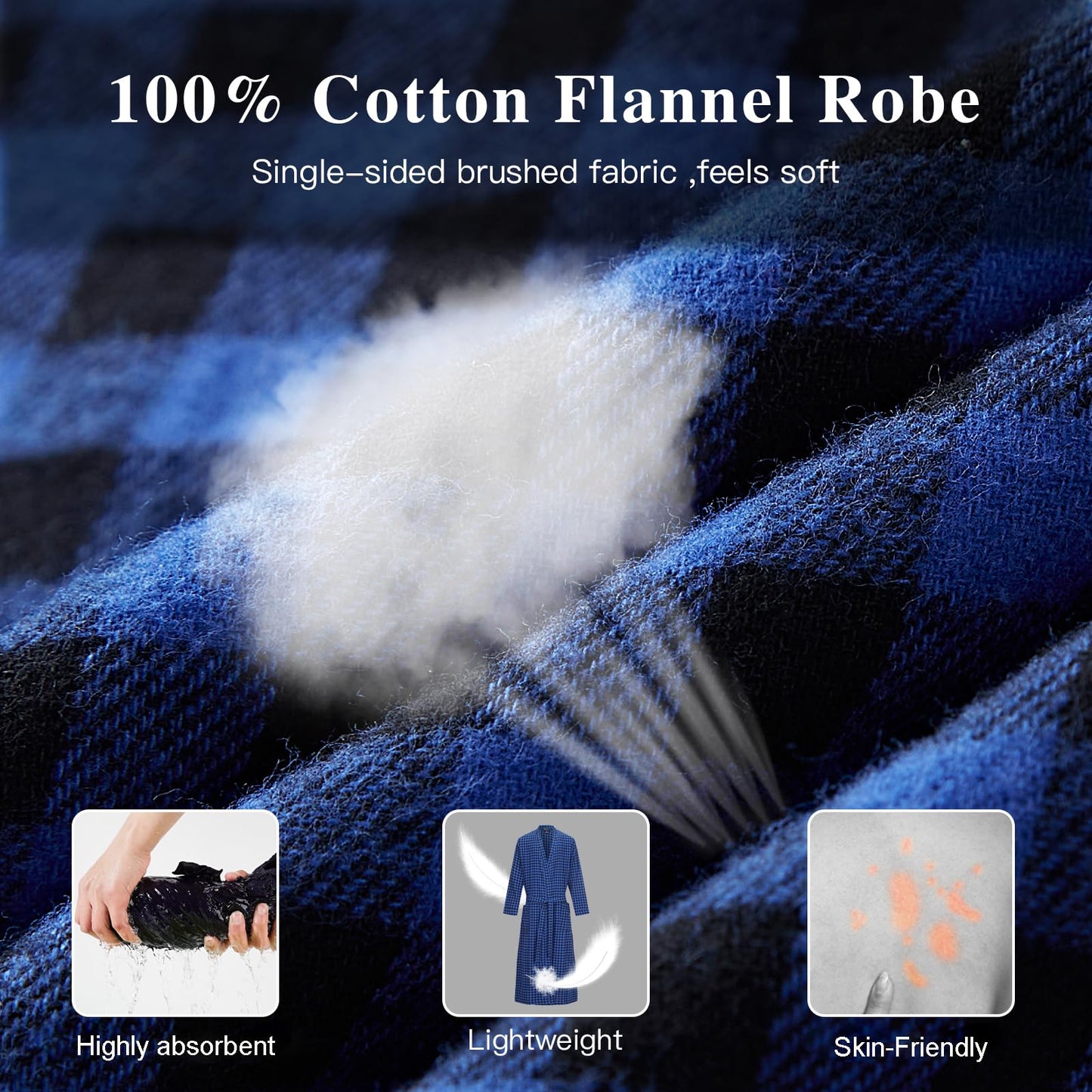 FashGudim Mens Buffalo Plaid 100% Cotton Flannel Shawl Collar Robe Lightweight Full Length Bathrobe Loungewear House Robes, Black/Blue, Large-X-Large Big Tall