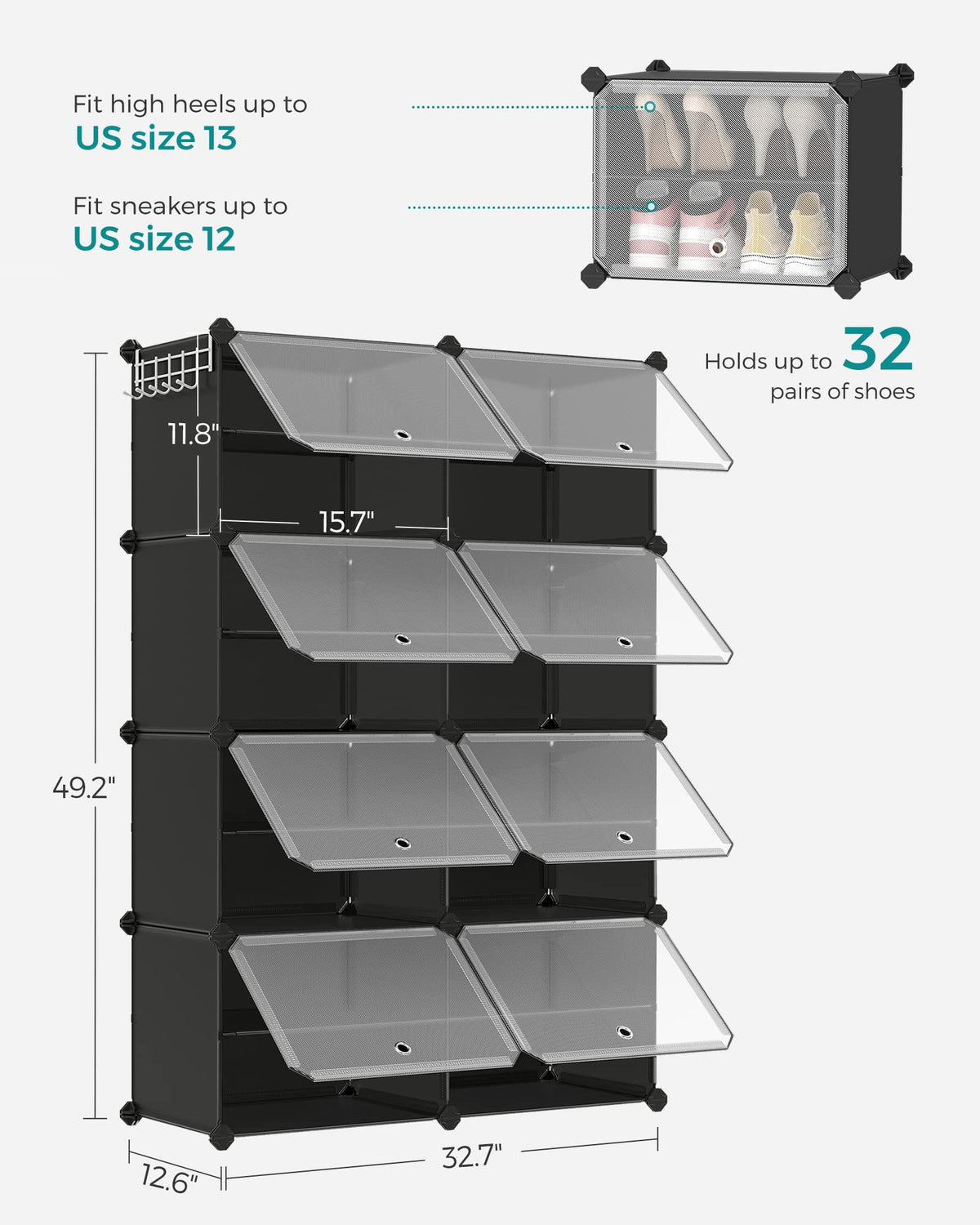 SONGMICS Shoe Rack Organizer, Shoe Storage Cabinet for Closet and Entryway, Adjustable, Steel Frame, Plastic Panel, 8 Cubes, Ink Black + Transparent