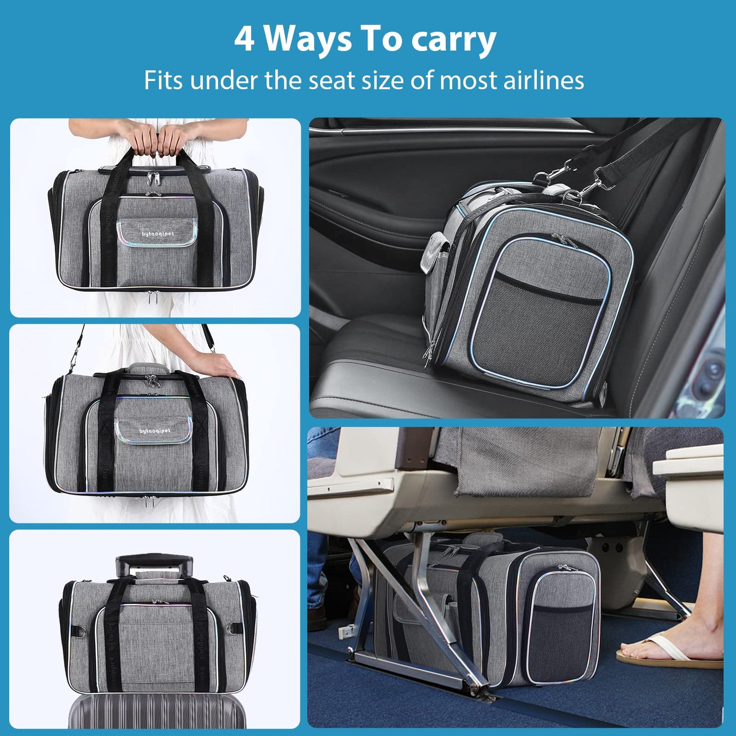 Cat Travel Bag 4 Sides Expandable Pet Carrier Airline Approved Folding Soft Sided Transport Tote Bag for cat