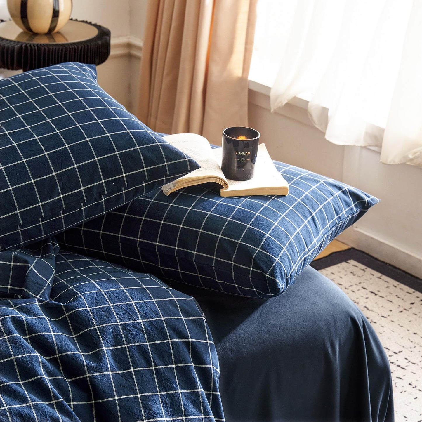 Wake In Cloud - Grid Duvet Cover Set, 100% Washed Cotton Checkered Plaid Farmhouse Check Gingham Geometric Beddings with Zipper Closure, 3 Pieces, Navy Blue, Queen Size