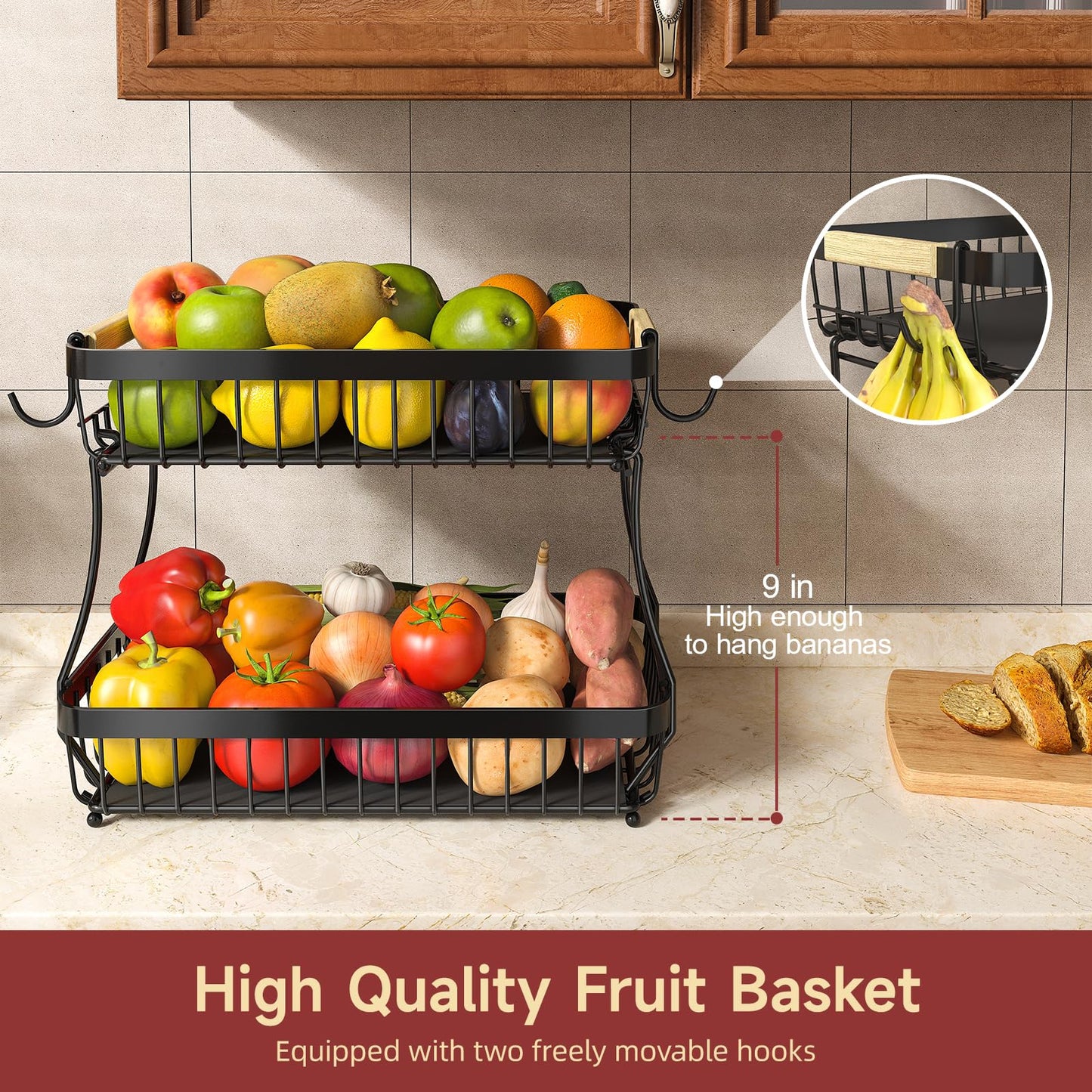 Sevenblue 2 Tier Fruit Basket for Kitchen Counter with 2 Banana Hangers, 2026 Pro Detachable Metal Fruit Bowl with Wooden Handle,Fruit Holder for Bread Snack Veggies, Black Extra Large
