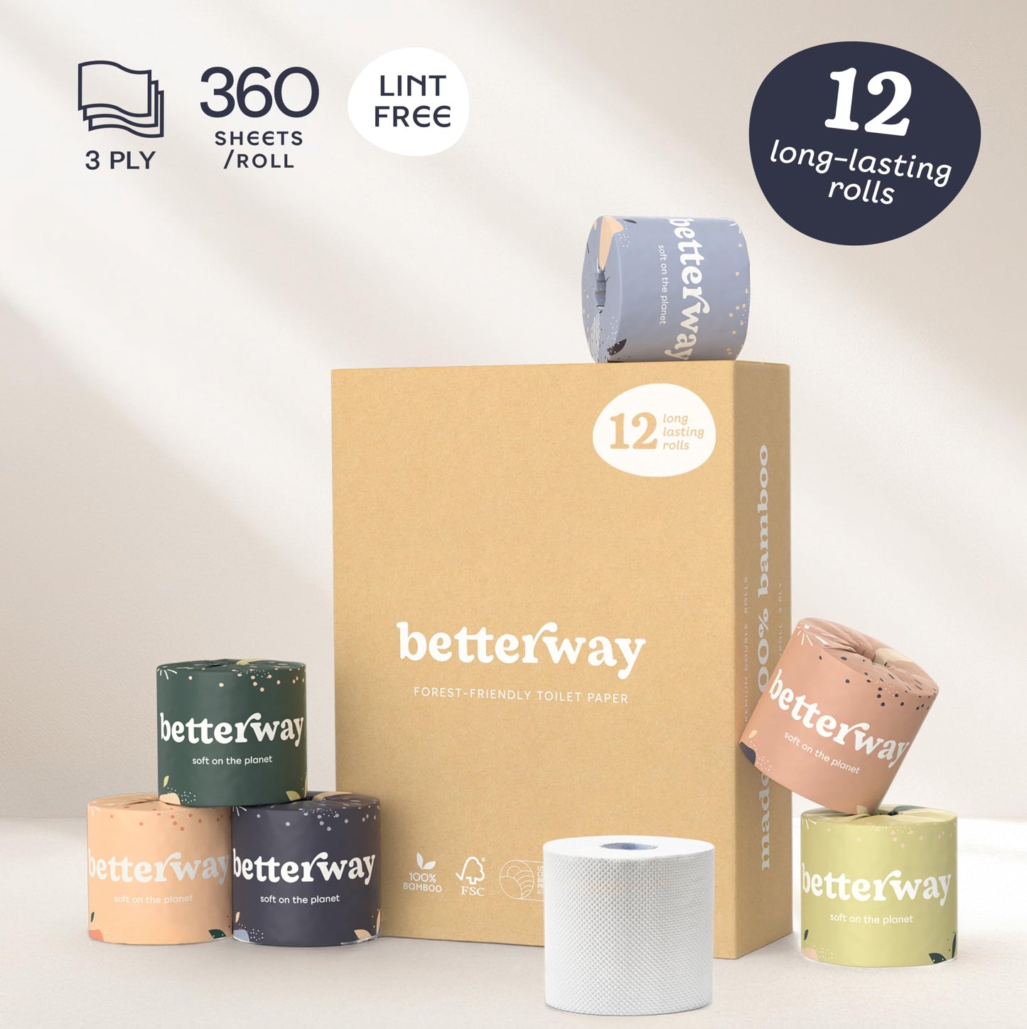 Betterway Bamboo Toilet Paper 3 PLY - Eco Friendly, Sustainable Toilet Tissue - 12 Double Rolls & 360 Sheets Per Roll - Septic Safe - Organic, Plastic Free, Compostable & Biodegradable - FSC Certified