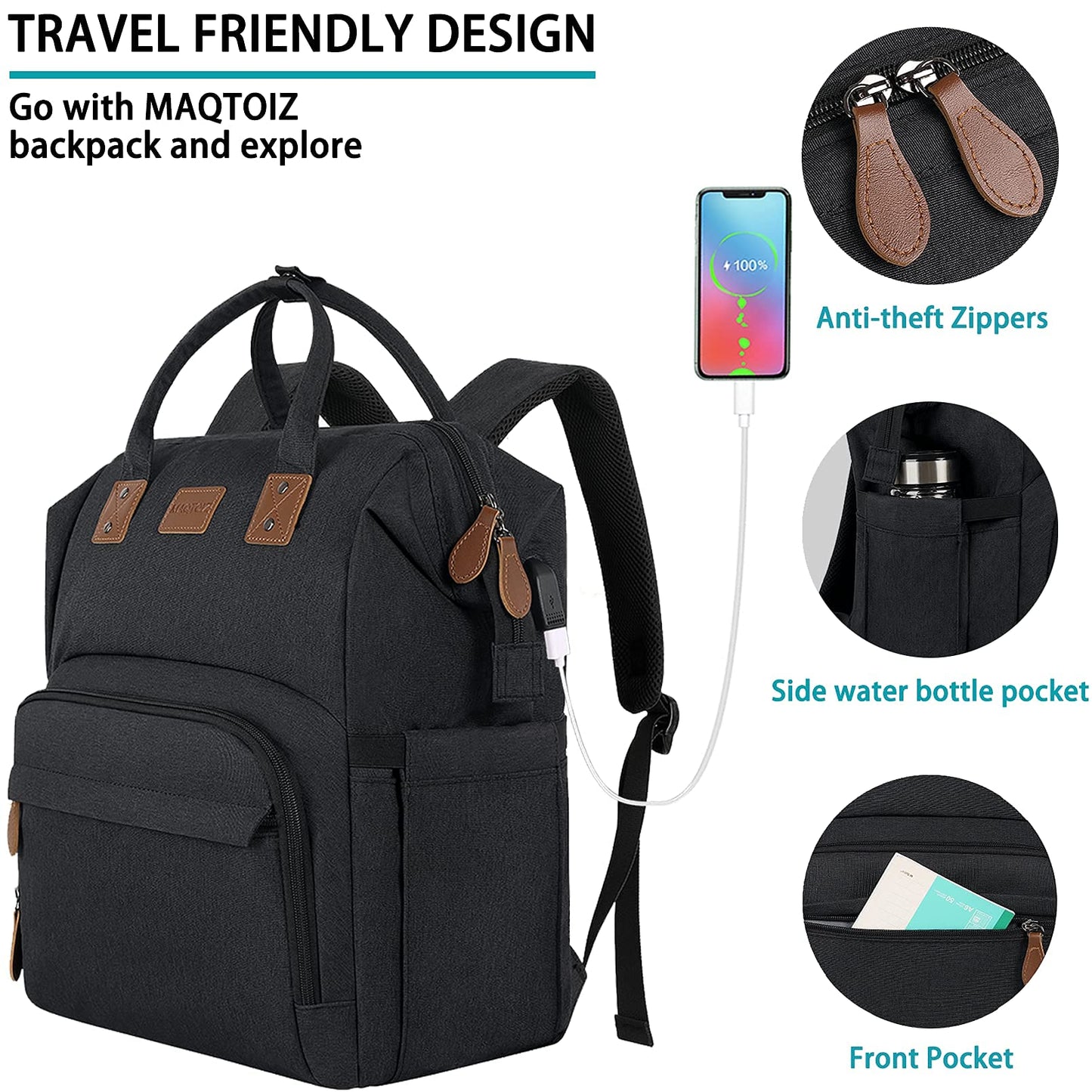 17 Inch Laptop Backpack, Large Lunch Backpack for Women Men Gifts, Travel Carry On with Lunch Box and USB Port, Insulated Cooler Bookbag Nurse Work Backpacks, Black