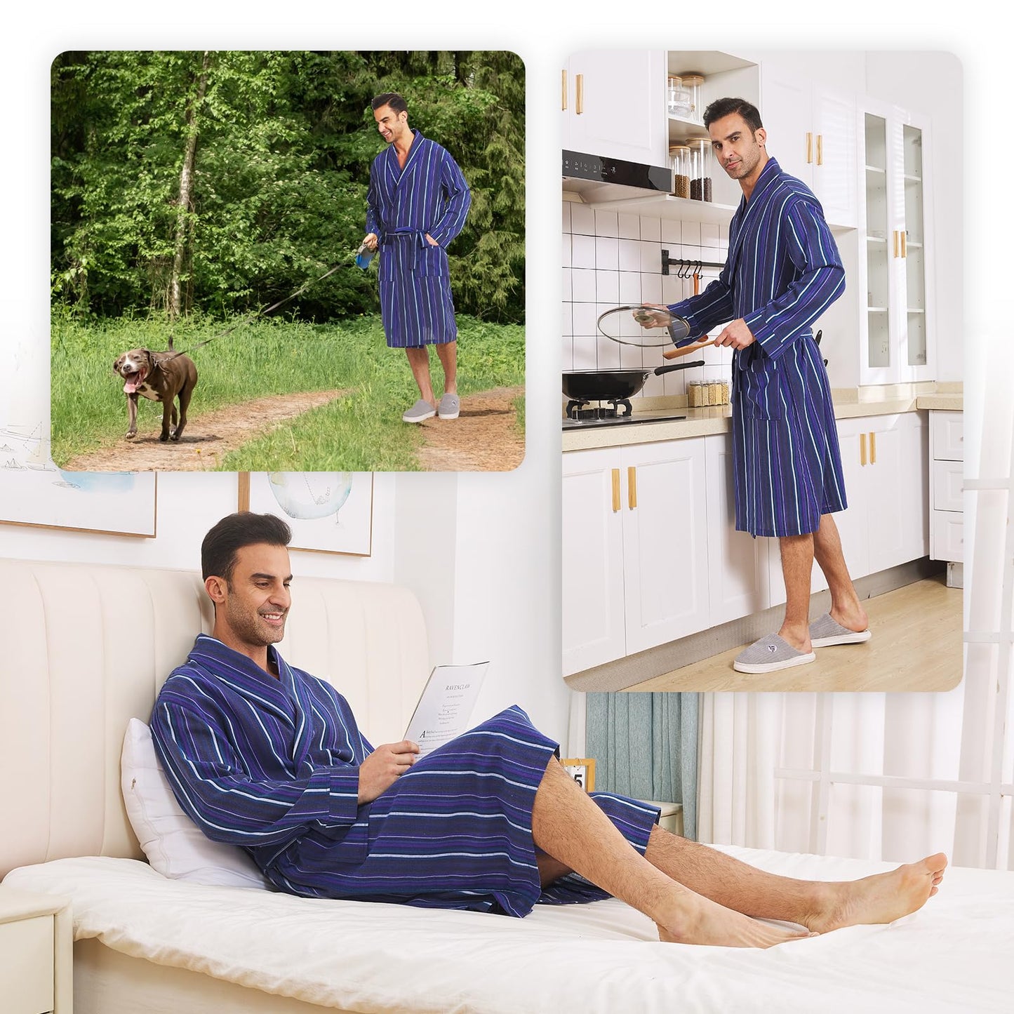 FashGudim Mens Buffalo Plaid Cotton Robe Lightweight Bathrobe Shawl Collar Kimono Sleepwear Loungewear House Robes, Blue Stripe, Large-X-Large