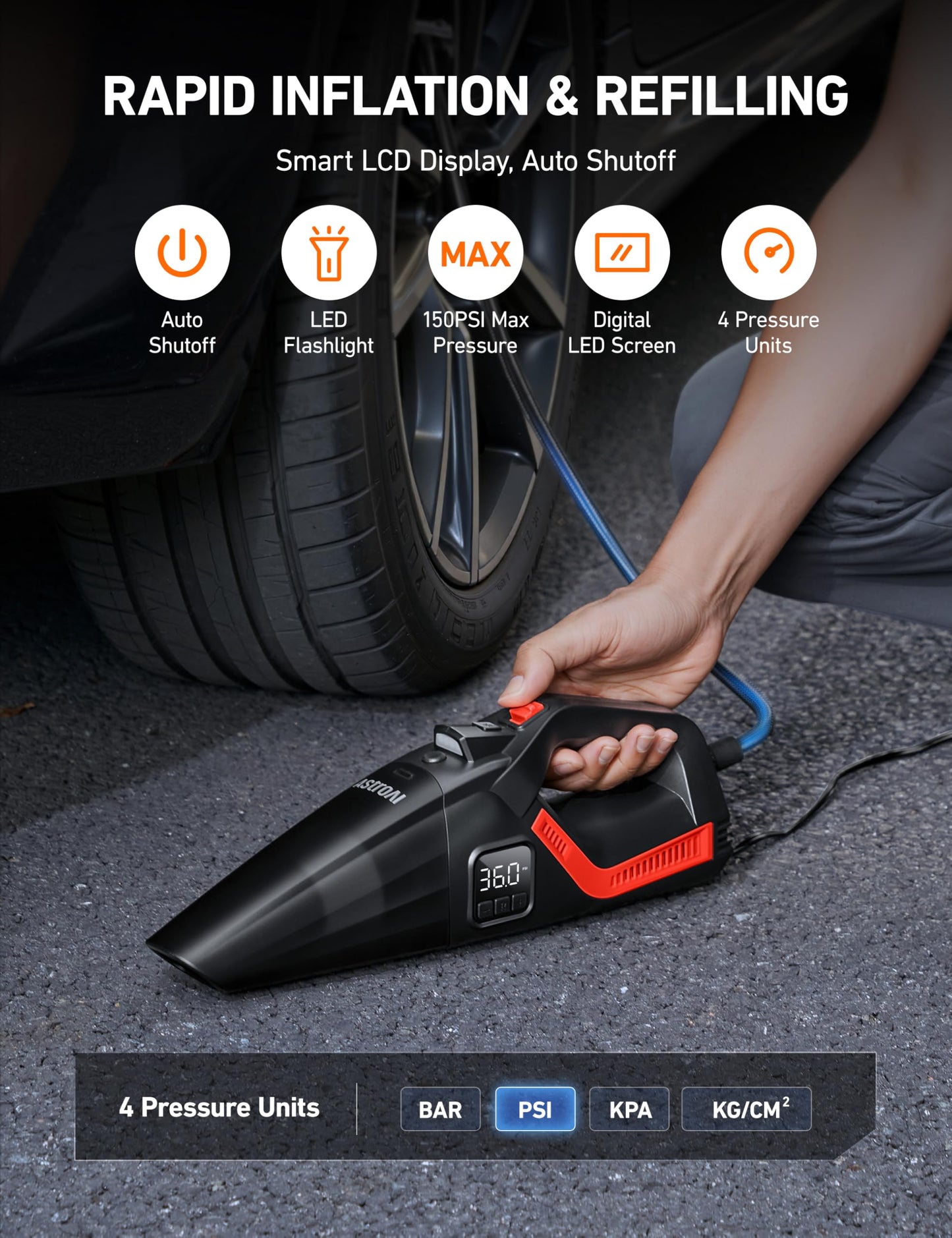 AstroAI 4-in-1 Car Vacuum Cleaner and Tire Inflator, Handheld Vacuum with Air Compressor, Digital Dual Values Display, 150 PSI Car Tires Air Pump with LED Light, 12V DC, 16.4FT Cord for Auto