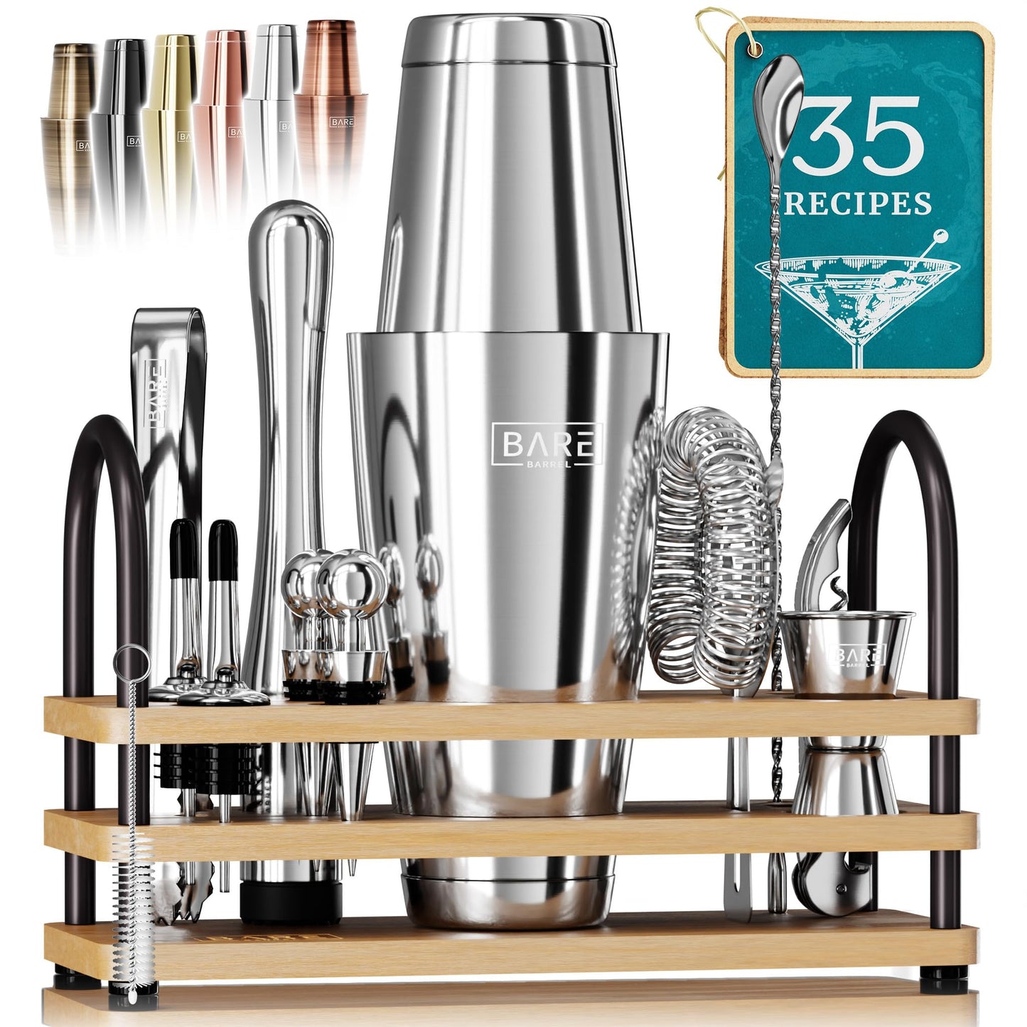Pro Cocktail Kit | Mixology Bartender Kit | 14-Piece Cocktail Shaker Set | Martini Home Bartending Bar Accessories | Incl. 35 Recipe Cards | Gift Set (800ml/28oz Boston Shaker, Silver/Natural)