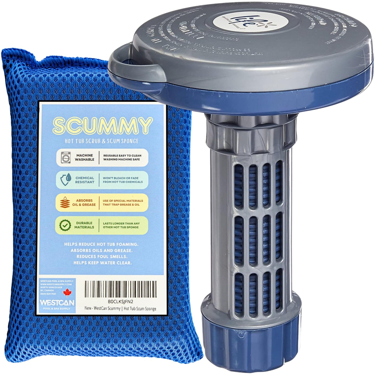 Life Chemical Dispenser | Bromine & Chlorine Puck Floater | with Free Scummy Hot Tub Scum Sponge | Removable End Cap | for 1 Inch Tablets | Spa & Hot Tub Accessories | Hot Tub Chemicals Dispenser