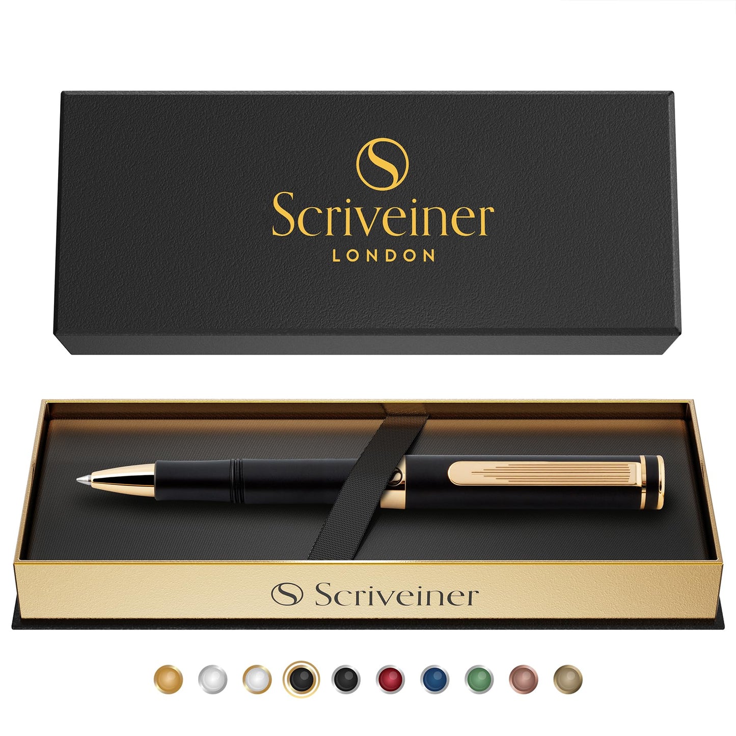 Scriveiner Black Rollerball EDC Luxury Pen, Stunning Pocket Pen, Real Gold Plating, Cool Writing Pen, Best Pen Gift for Men, Women, German Schmidt Refill, Nice Present, Fancy Office Designer Pen Set