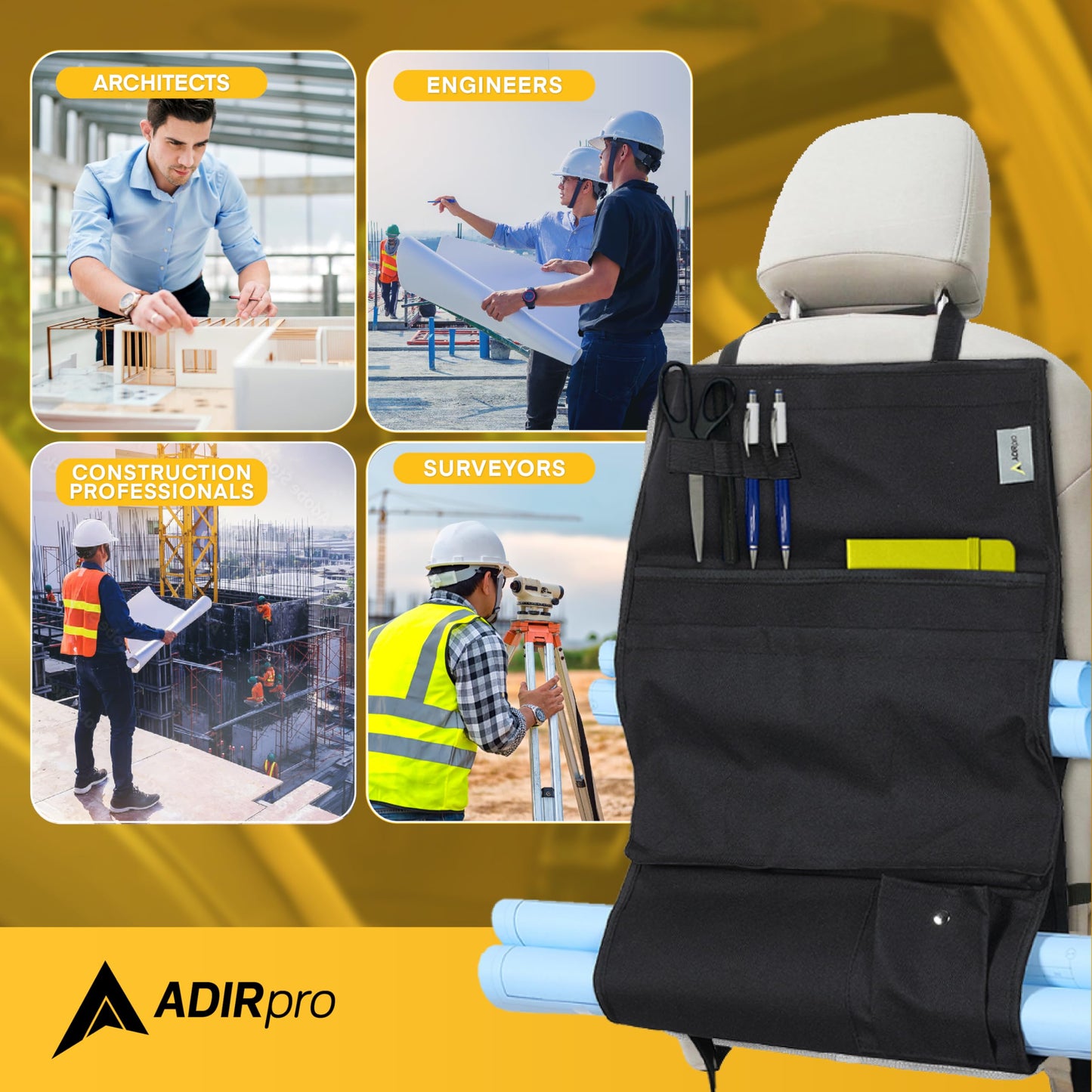 Adir Plans Car Holder for Blueprints, Maps, Drawings, Artwork, Posters, and Documents - With Pockets by Adir Corp