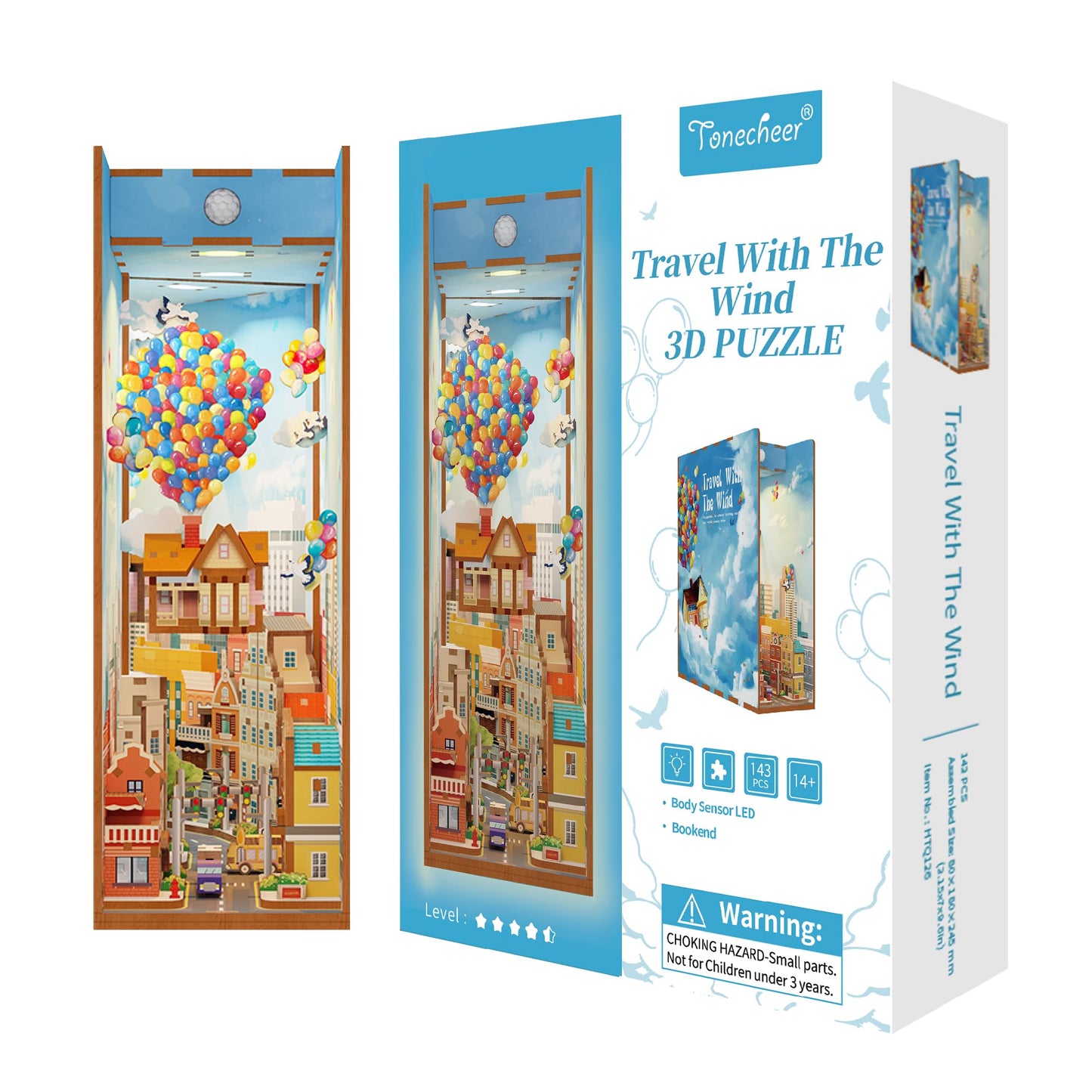 Tonecheer DIY Book Nook Kit for Adults,3D Wooden Puzzle Bookend Bookshelf Insert Library Decor, Booknook Miniature House Kit with Body Motion Sensor LED Light (Travel with The Wind)