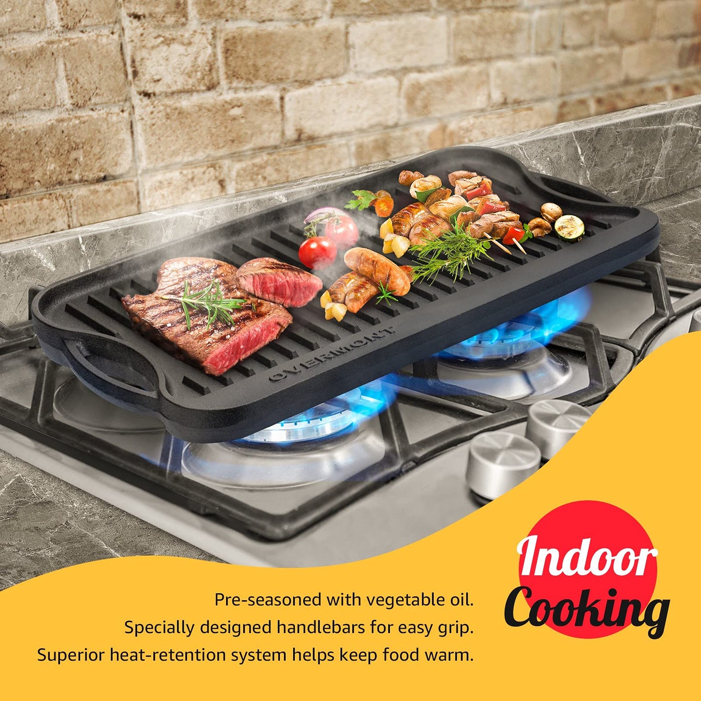 Overmont Reversible Grill Pan Cast Iron Pan 17x9.8 Pre-Seasoned Skillet with Handles for Stovetop Open Fire Oven, Scrapers Included