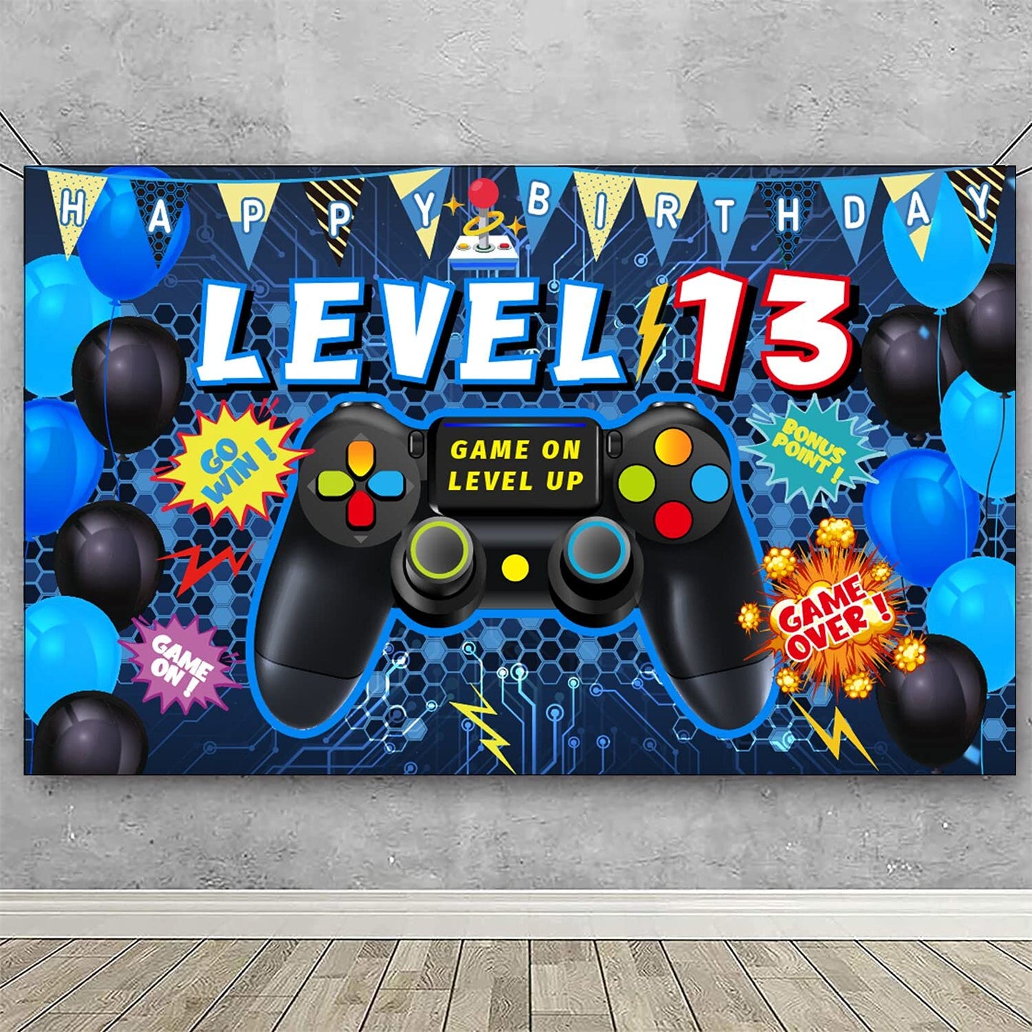 Vlipoeasn 90PCS 13th Birthday Video Game Party Decorations for Boys Set Blue 13th Birthday Supplies-13th Video Game Backdrop, Balloons, Tablecloth, Gamer and 13 Foil Balloons for 13 Years Old