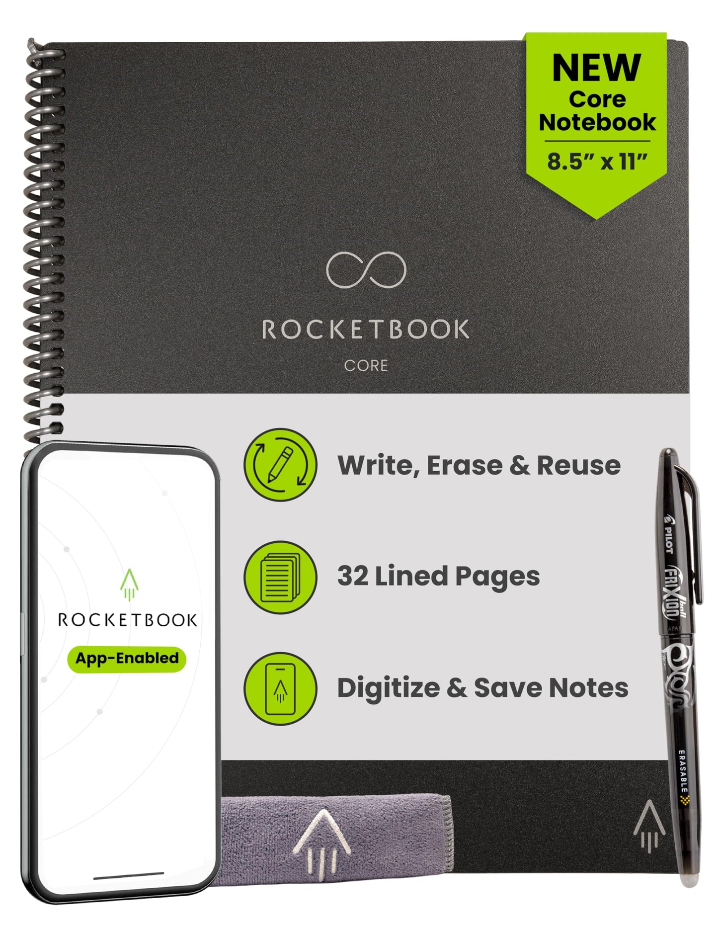 Rocketbook New Core Reusable Spiral Notebook, Letter Size 8.5x11, Black - Lined Pages, App-Connected, Erasable, Durable Cover, Ideal for School, Work, and Creative Projects