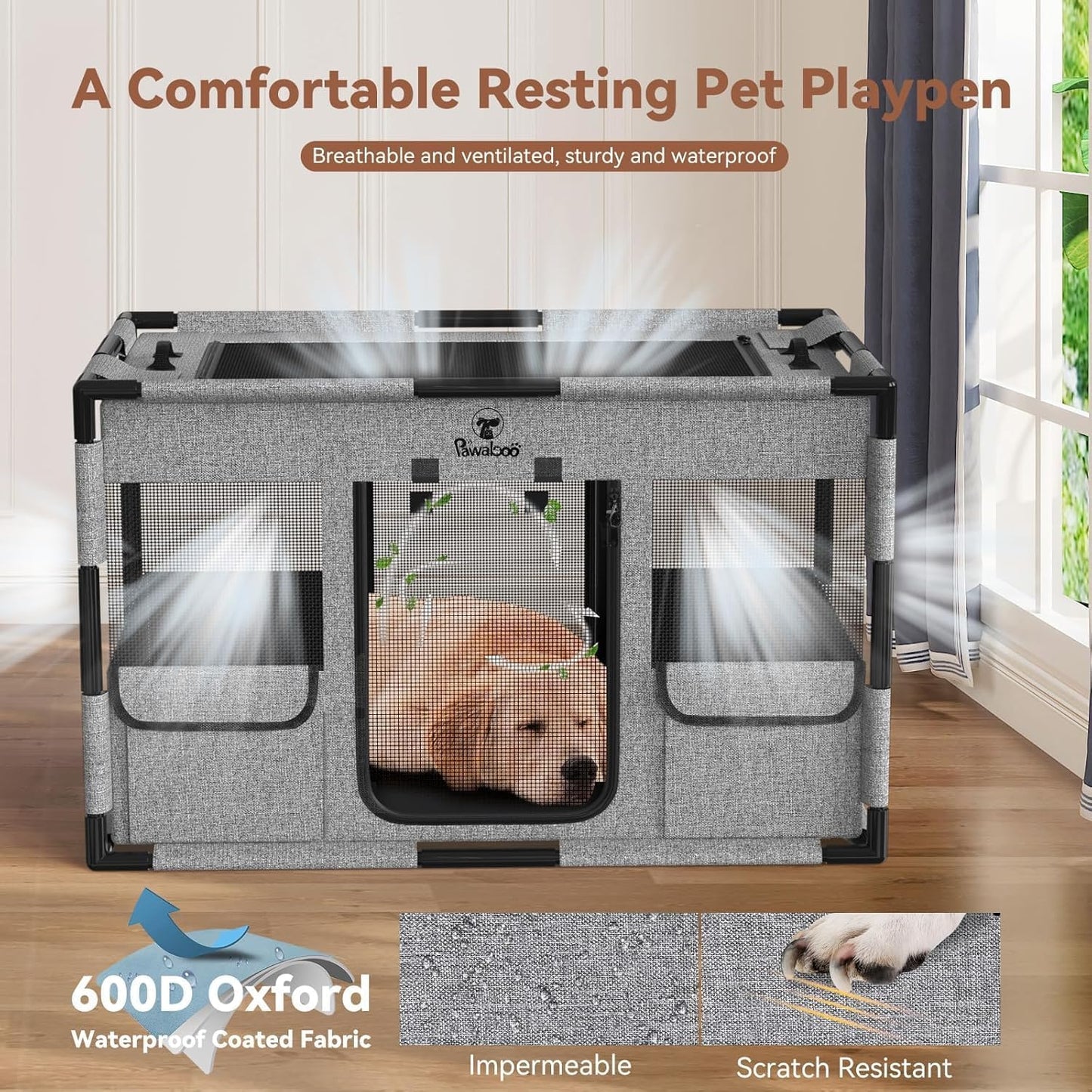 Cat Dog Playpen, 91x61x61cm Portable Puppy Playpen Dog Play Pen Indoors with Cover and Gate, Tear Resistant Thickened Fabric Waterproof Bottom Breathable Mesh Dog Fence for Indoor Outdoor, Grey
