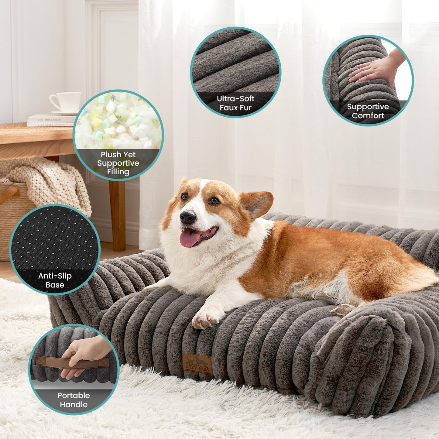 COZY KISS Dog Beds for Small Dogs and Cat Bed, Premium Plush Faux Fur Pet Sofa Bed Couch, Ultra-Soft Pet Furniture for Cats & Small Dogs, 80x60 cm (Grey, Medium)