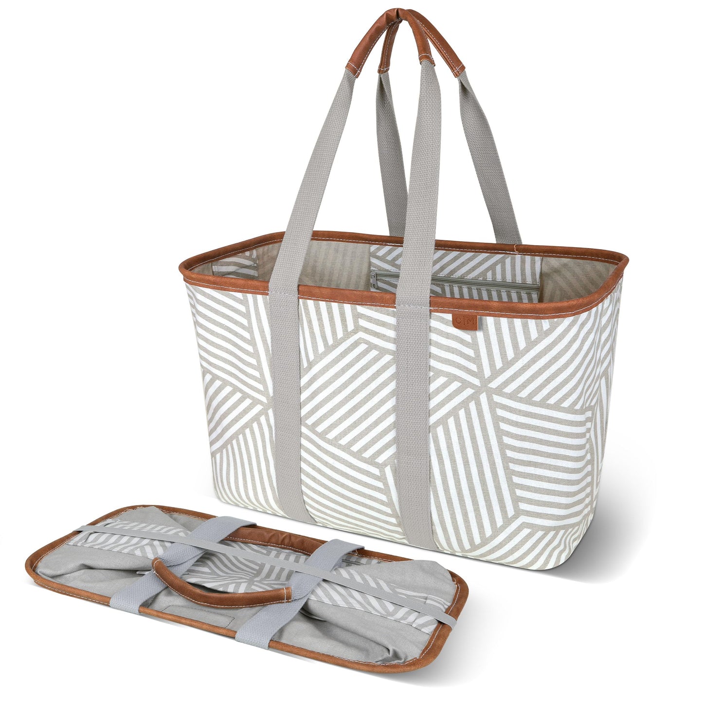 CleverMade Snapbasket Luxe Collapsible Tote - Geometric Taupe 1 Pack 30L / 8 Gal - Reusable Grocery Collapsible Storage Shopping Organizer