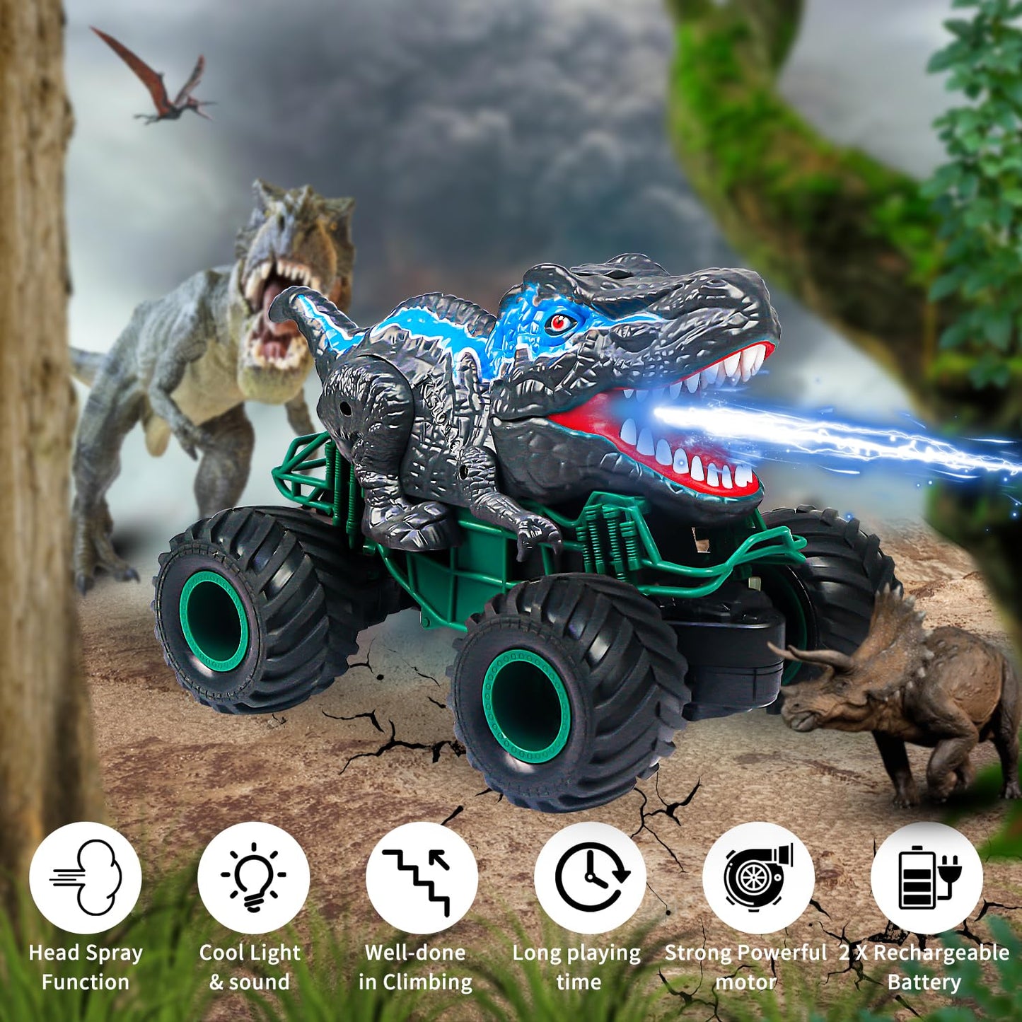 ZDCZ Dinosaurs Toys for Kids, Remote Control Cars Toy 3 4 5 6 7 8-12 Year Old Hobby Dinosaur Truck with Music, Lights,Spray, 2.4GHz All Terrain Rechargeable Electric Toys Gifts for Boys