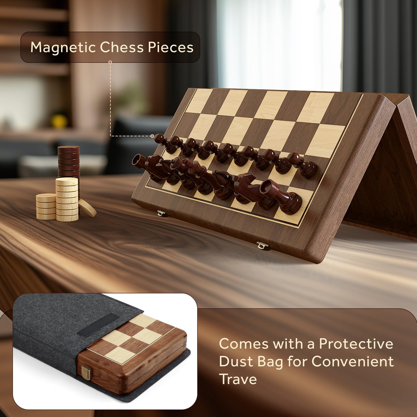 15" Wooden Folding Chess & Checkers Set - 2 in 1 Board Game with 3" King Staunton Pieces and 2 Extra Queens (Walnut Wood+Red Shell)