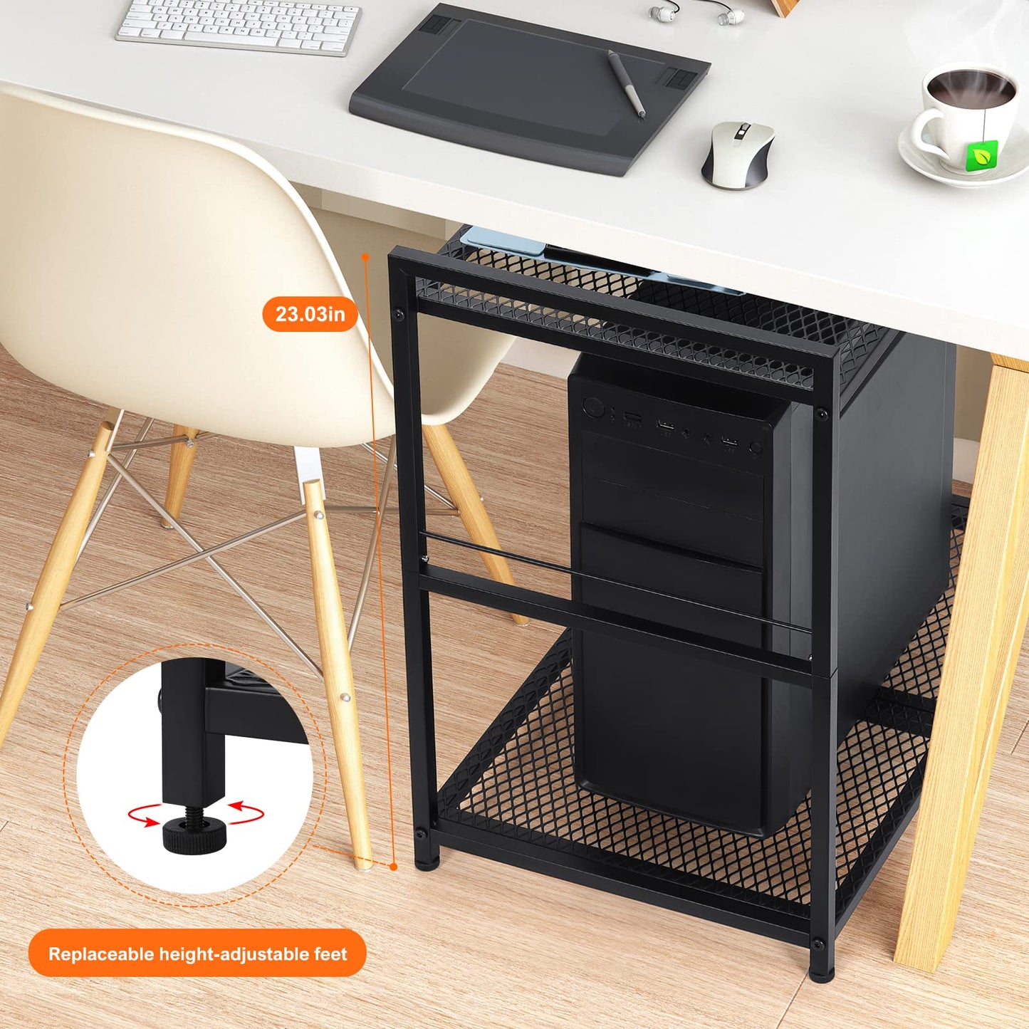 Computer Tower Stand, PC Tower Stand, Mobile CPU Holder Stand Cart with Caster Wheels Metal 2 Tier Rolling Printer Cart for Fax Home Office Black