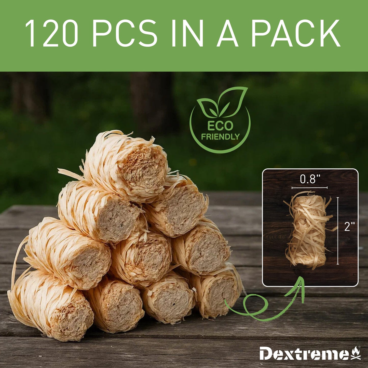 Dextreme Fire Starters 120 pcs | Natural Firestarters for BBQ, Campfires, Fireplace, Charcoal, Wood Stove, Fire Pit, Chimney, Pizza Oven and Smokers | All Weather, Odorless, Non Toxic