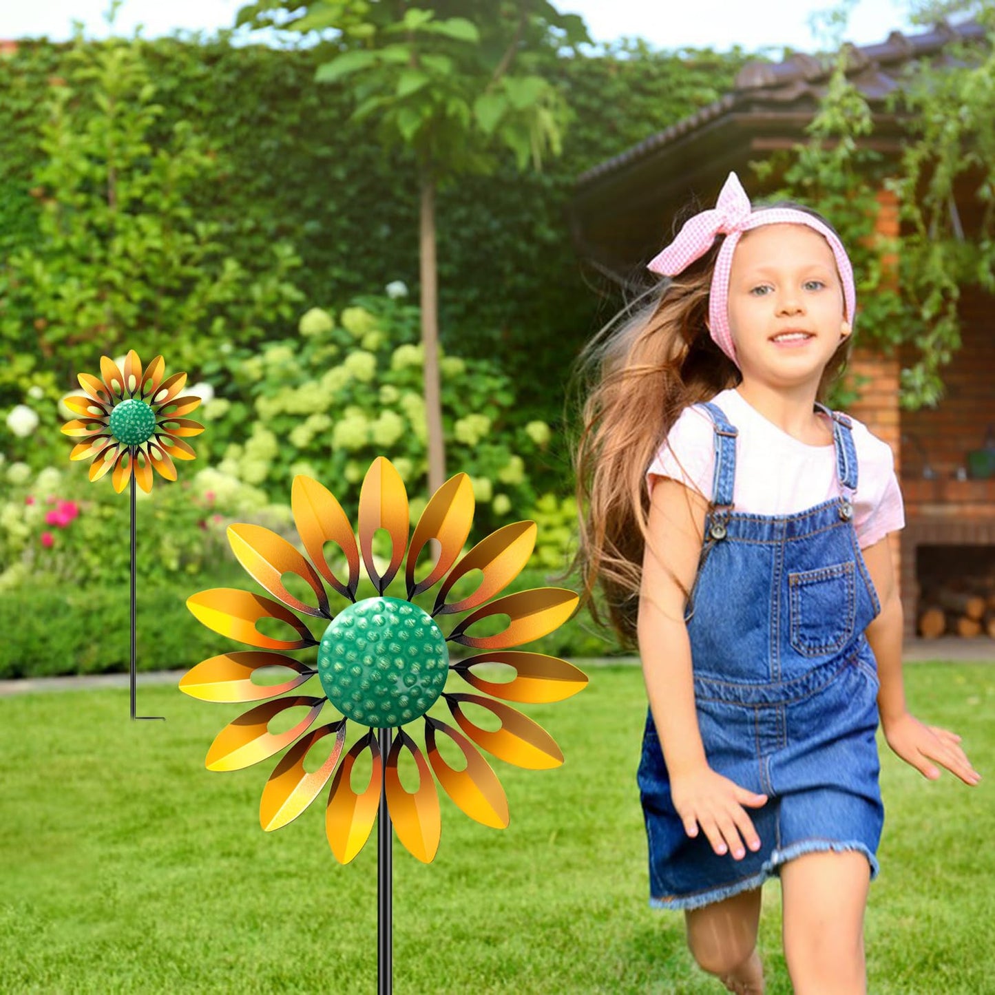 Sunflower Wind Spinners Outdoor, MeyRolizn Metal Pinwheel Wind Sculpture with Stake, Small Windmill for Garden Lawn Yard Patio Outside Art Decor (2pcs Yellow)
