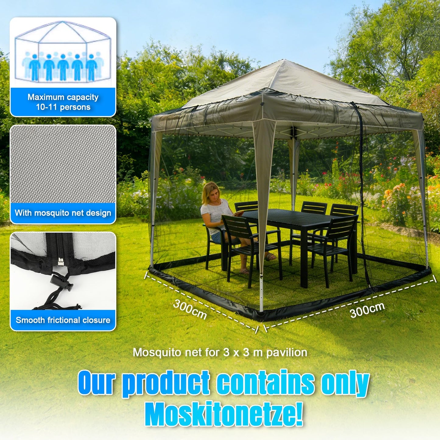 Patio Umbrellas Netting, 10' x 10' Gazebo Mosquito Netting, Otdoor Canopy Umbrella Screen, Hanging Mesh Tent with Double Zipper Door & Adjustable Rope & Weighted Bottom (Only Mosquito Net)
