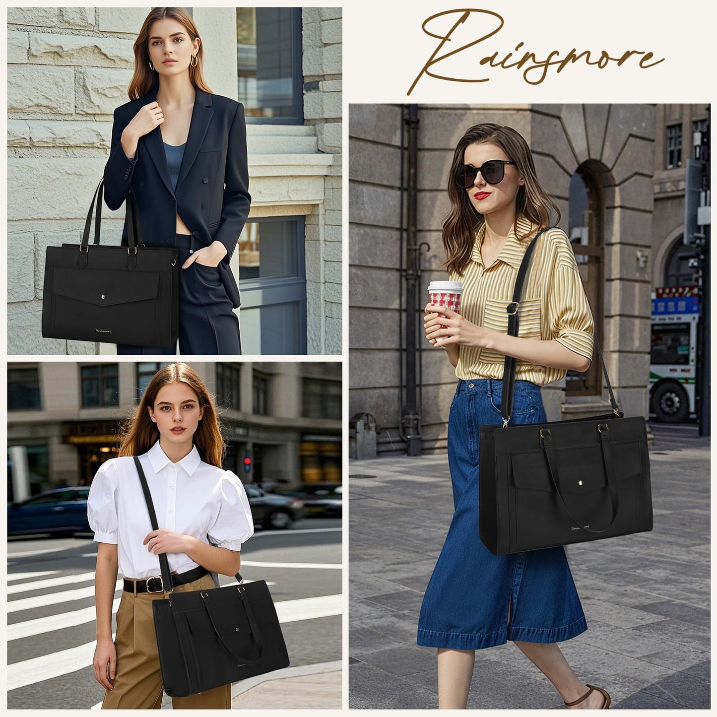 RAINSMORE Laptop Bags For Women 15.6Inch Leather Work Tote Bags Laptop Tote Waterproof Laptop Purse Business Office Computer Bag Professional Womens Briefcase Large Handbag for Travel College, Black