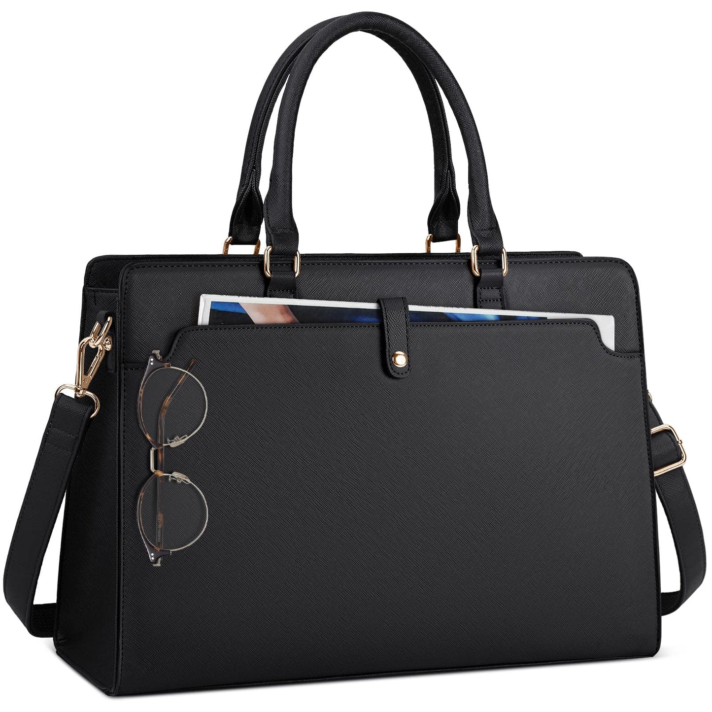 Laptop Bag for Women 15.6 inch Laptop Tote Bag Leather Large Capacity Work Tote Bag Waterproof Business Office Computer Bag Women Travel Handbag Shoulder Bag, Black