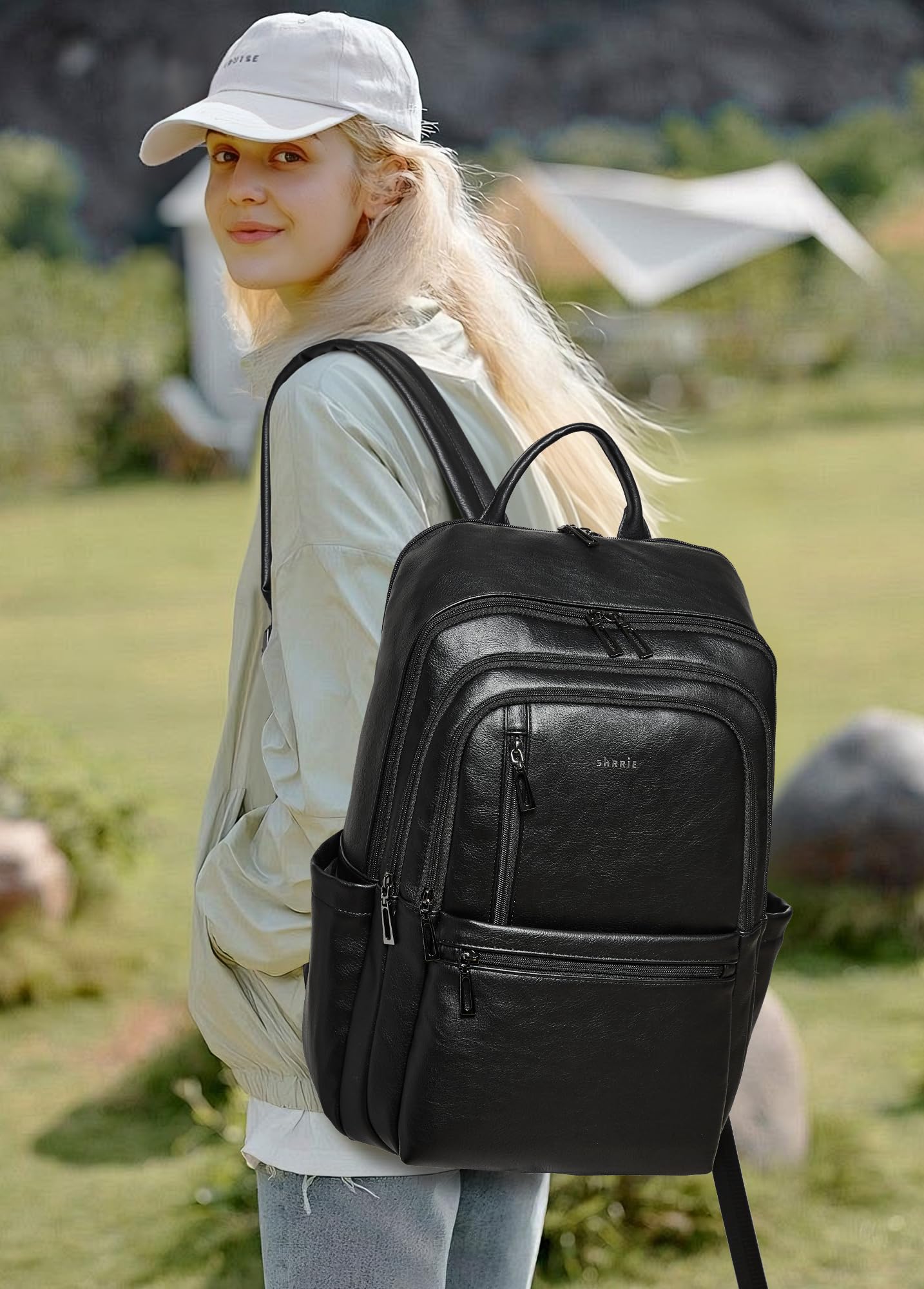 Shrrie Leather 17 inch Laptop Backpack for Women, Large Travel Backpack Purse for Casual Daypack College Work Bag