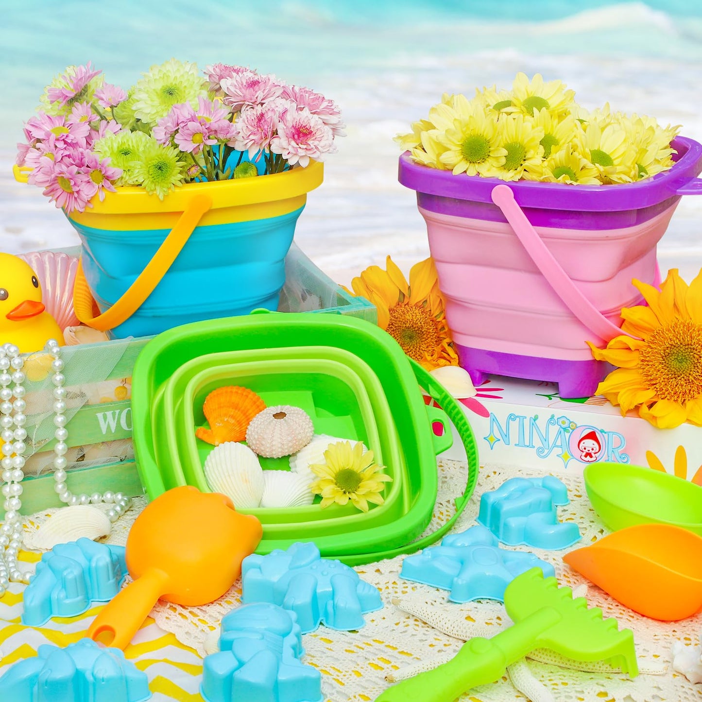 NINAOR Beach Toys for Kids,19 Pcs Collapsible Sand Toys Bucket Tools for Sandbox Camping Travel Foldable Bucket Outdoor Toys