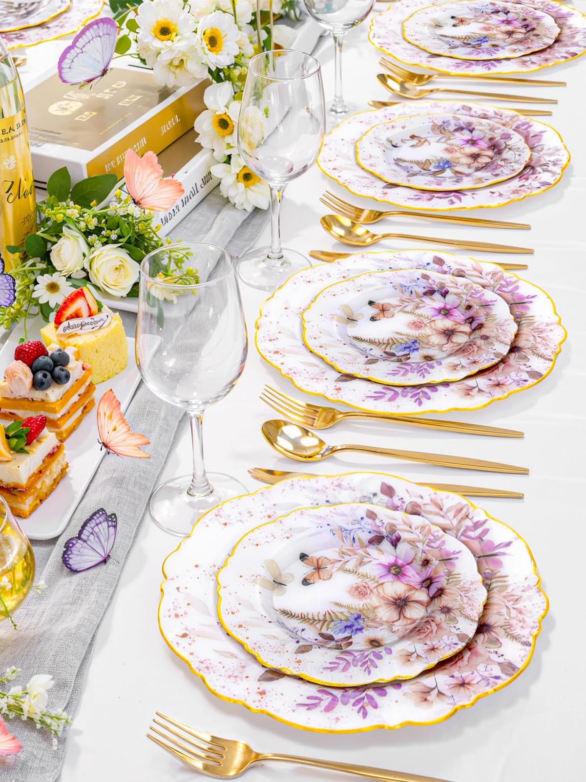 WDF 20Pack Spring Plates Flower- Baroque Fancy Butterfly Plates Disposable - 10’’ and 7’’ Floral plastic tableware Decoration Suitable for Spring Garden Party/Tea Party/Birthday