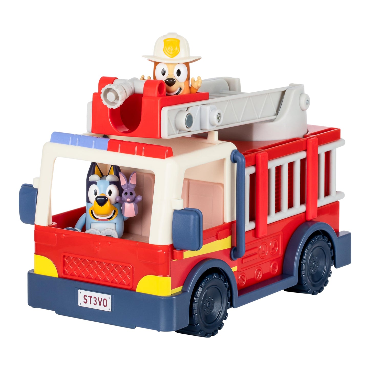 Bluey Firetruck | Firetruck with Bluey, Exclusive Firefighter Bingo and Bob Bilby Figures | Raise The Ladder, Spin It Around and Roll Out The Hose | Includes Sticker Sheet