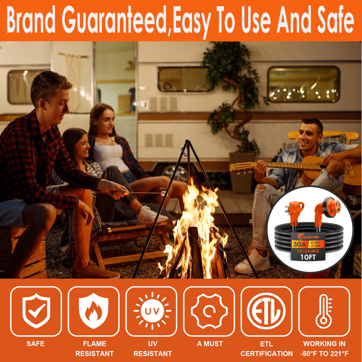 Ficstar 30 Amp RV Extension Cord 10 ft Heavy Duty Generator Extension Cord with LED Power Indicator,30 AMP Female 90° Twist Lock Adapter with Reverse Polarity Lamp,NEMA TT-30P to L5-30R,120V/125V