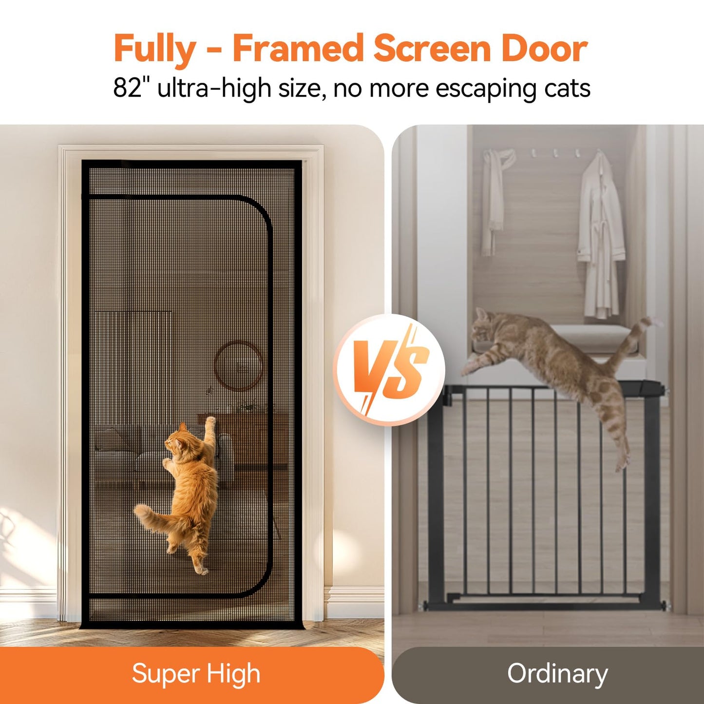 BFNN Cat Screen Door, Extra Tall Cat-Proof Mesh Gate, Fit Door Size 38'' x 82'', Anti-Cat Scratch Mesh with Zipper Closure, for Living Room, Kitchen, Bedroom (Black)