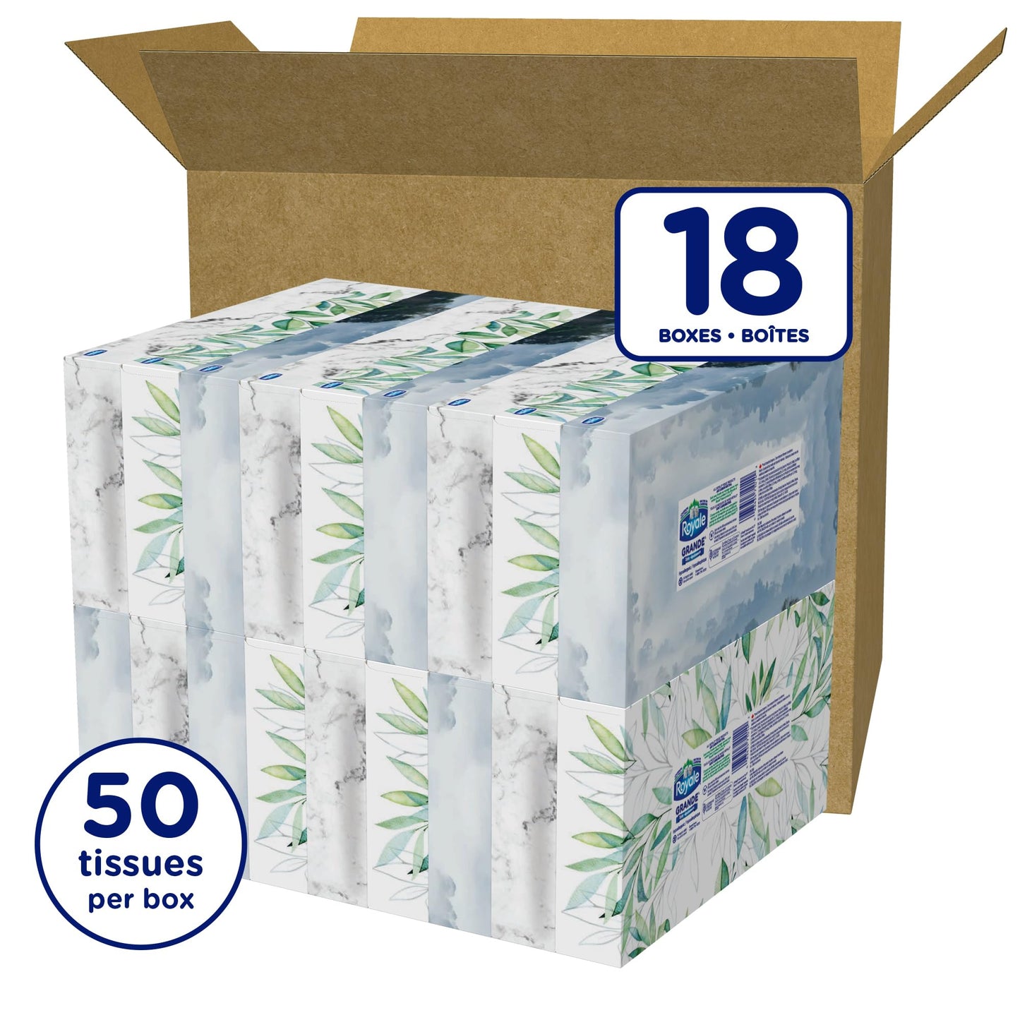 Royale 3 Ply Facial Tissues, Bigger Stronger & Softer Sheets, 18 Boxes, 50 Tissues Per Box