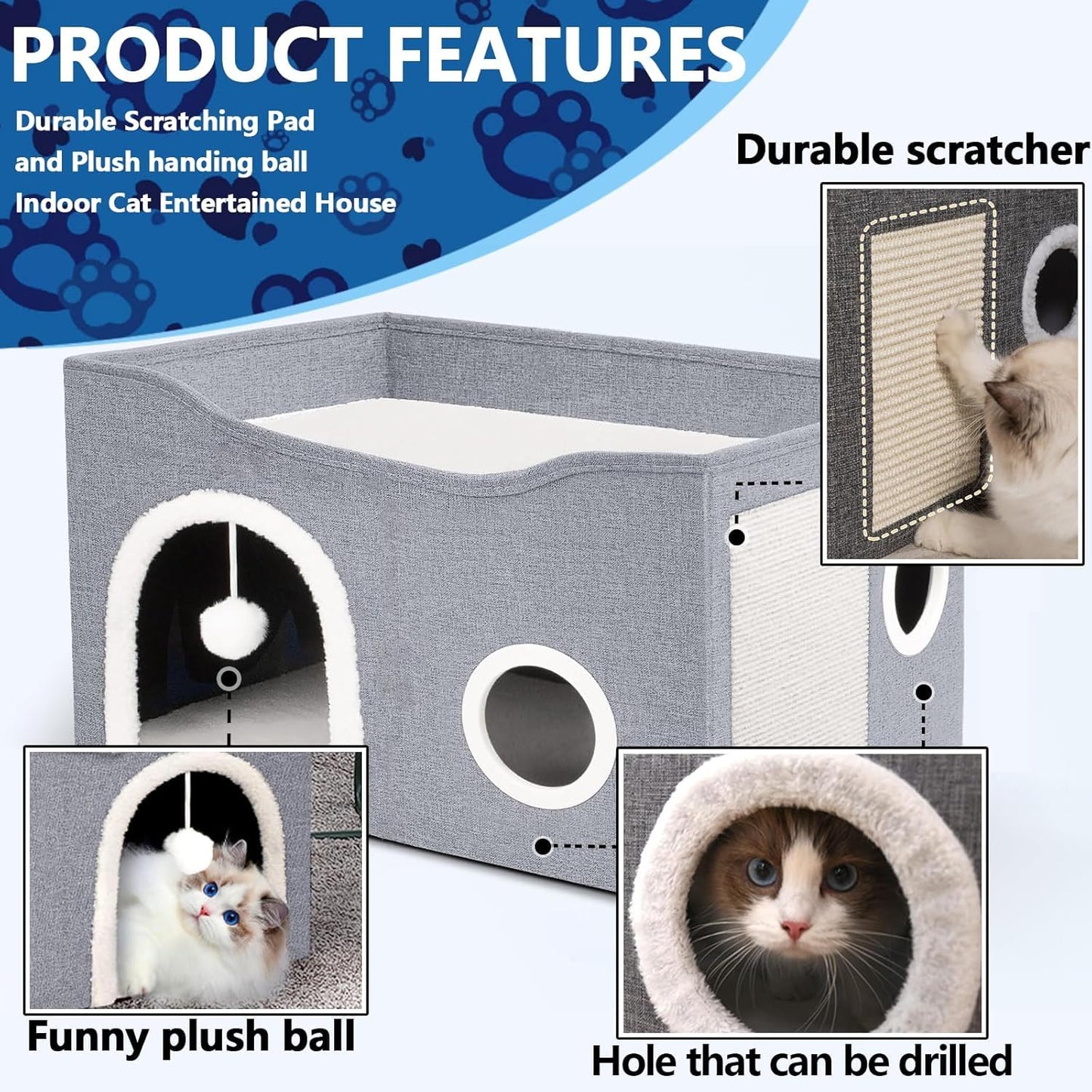 Large Cat House Indoor, Lavish Cat Cave Bed for Big Cats, Collapsible Hideaway with Scratching Area, Enclosed Cat Bed for Indoor Cats (Extended Dark Gray, Large Size)