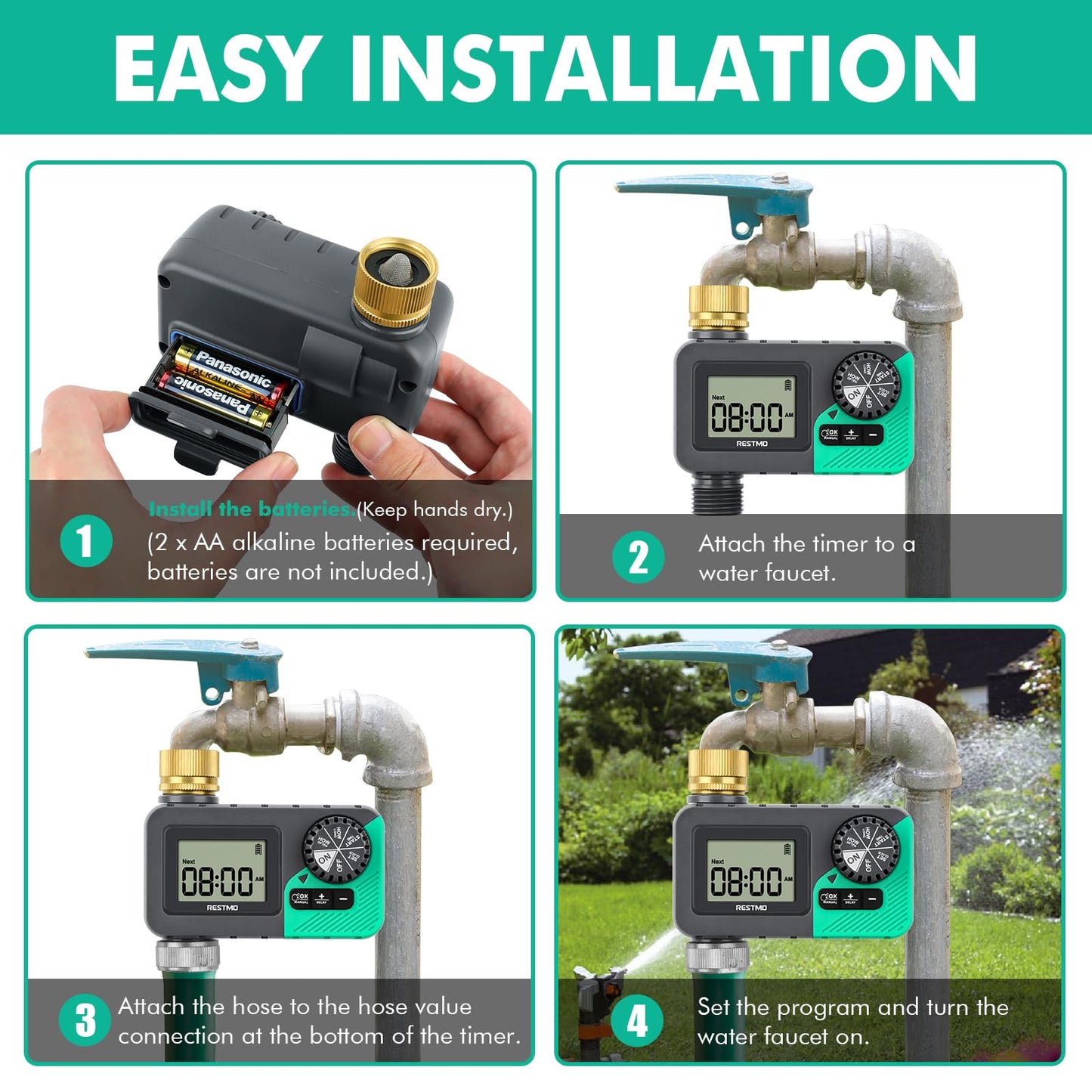 RESTMO Water Timer for Garden Hose, Programmable Sprinkler Timer with Brass Inlet, Rain Delay/Manual ON/Off/Automatic Irrigation Control, Hose Timer for Outdoor Faucet, Yard and Lawn Watering System