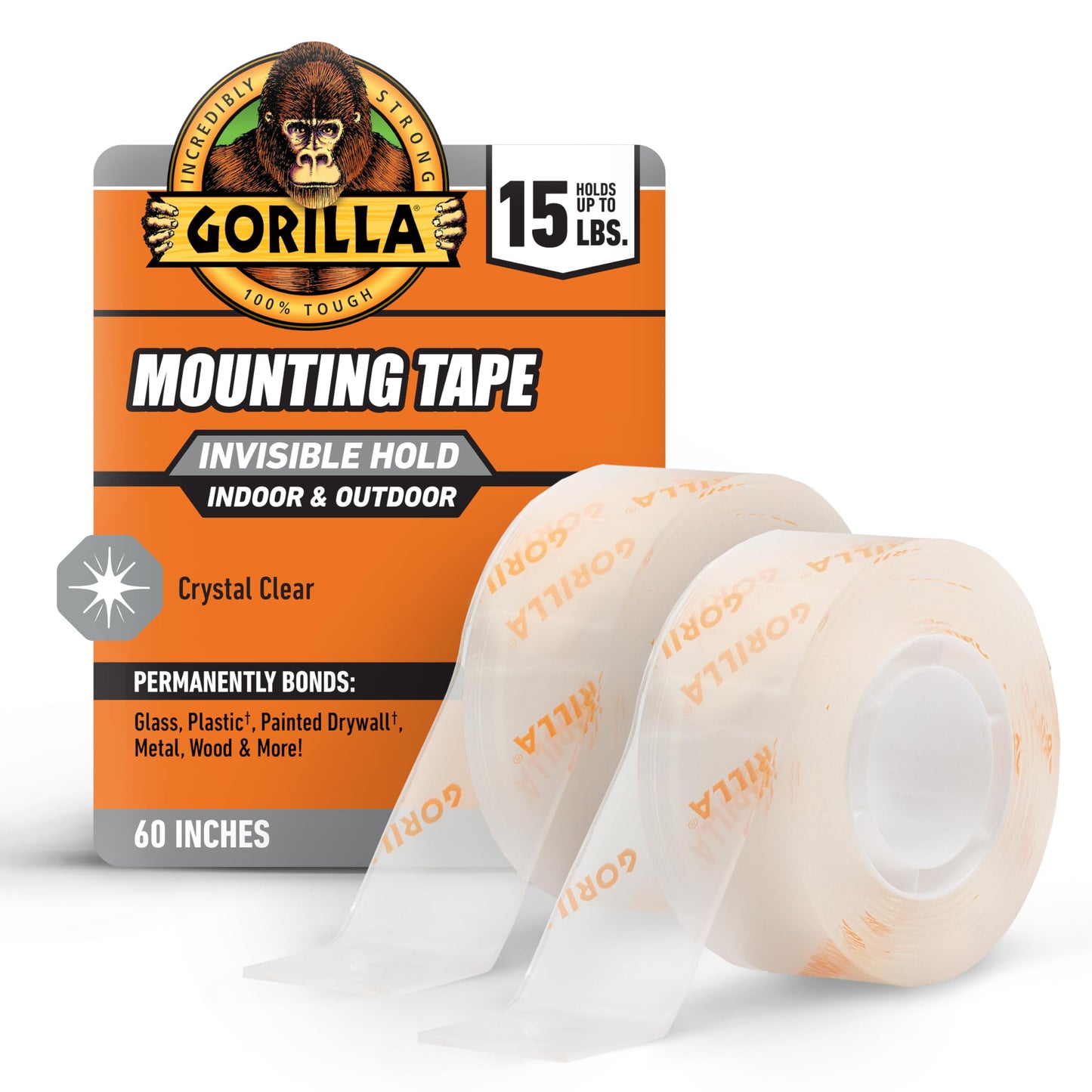 Gorilla Tough & Clear Double Sided Mounting Tape, Hanging, Instant 15lb Strong Hold, Permanent Bond, Weatherproof, 1 in x 60 in, Clear, (Pack of 2), (Packaging May Vary)