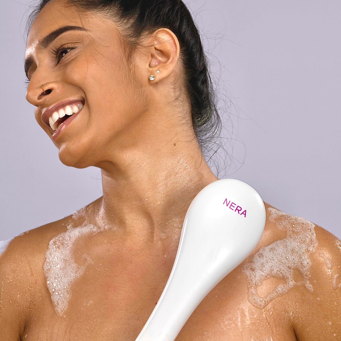 Spa Sciences - NERA Powered Shower Brush - 3-in-1 Multifunction Back & Body Brush - Exfoliation, Cleansing, Massaging - For All Skin Types - Includes Body Brush, Loofah, & Pumice Stone - USB Charging