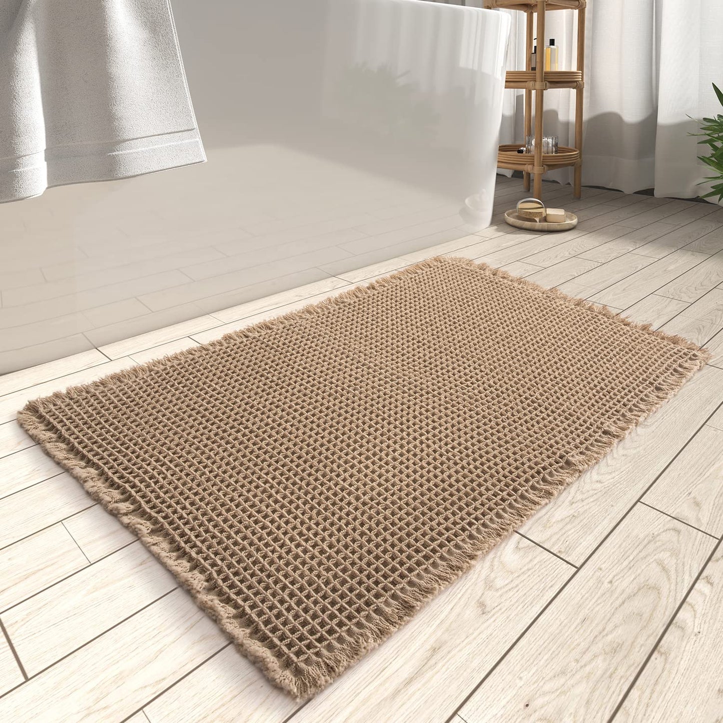 Rvolst Bath Mat Rug for Bathroom Waffle Woven Bathroom Mat Super Absorbent Machine Washable Non Slip Farmhouse Boho Bathroom Rug 61x92cm Brown