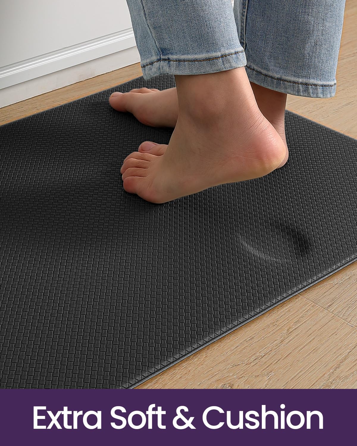 DEXI Kitchen Mat Anti Fatigue, 17x29+17x59 Floor Rugs Set with Non Slip Back, Waterproof Comfort Standing Desk Runner for Sink, Laundry Room, Office, Black