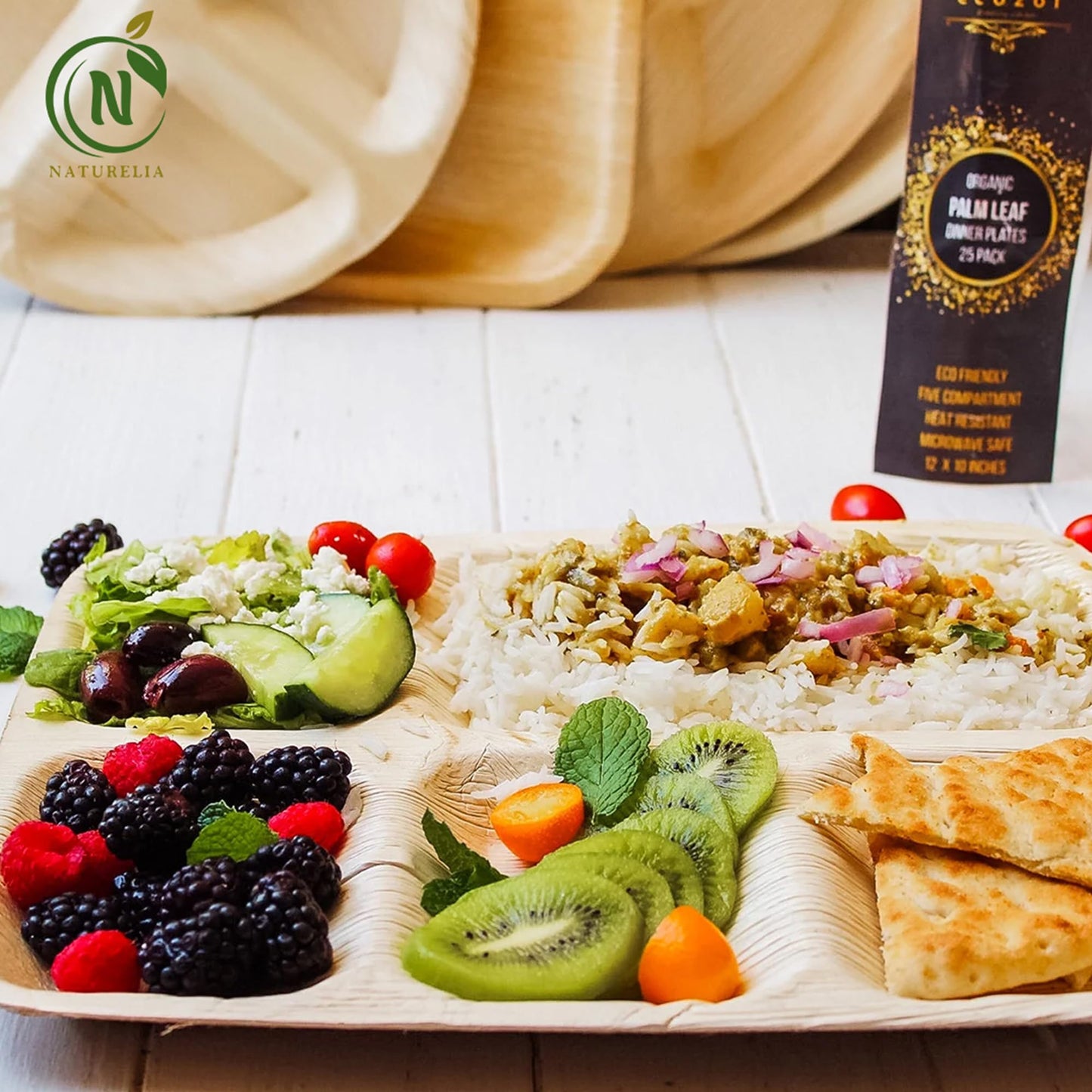 Naturelia 100% Compostable 12-Inch Palm Leaf Disposable 5 Partition Rectangle Plates- Premium Eco-Friendly, Biodegradable, Microwave-Safe Palm Leaf Dinnerware for Parties and Events