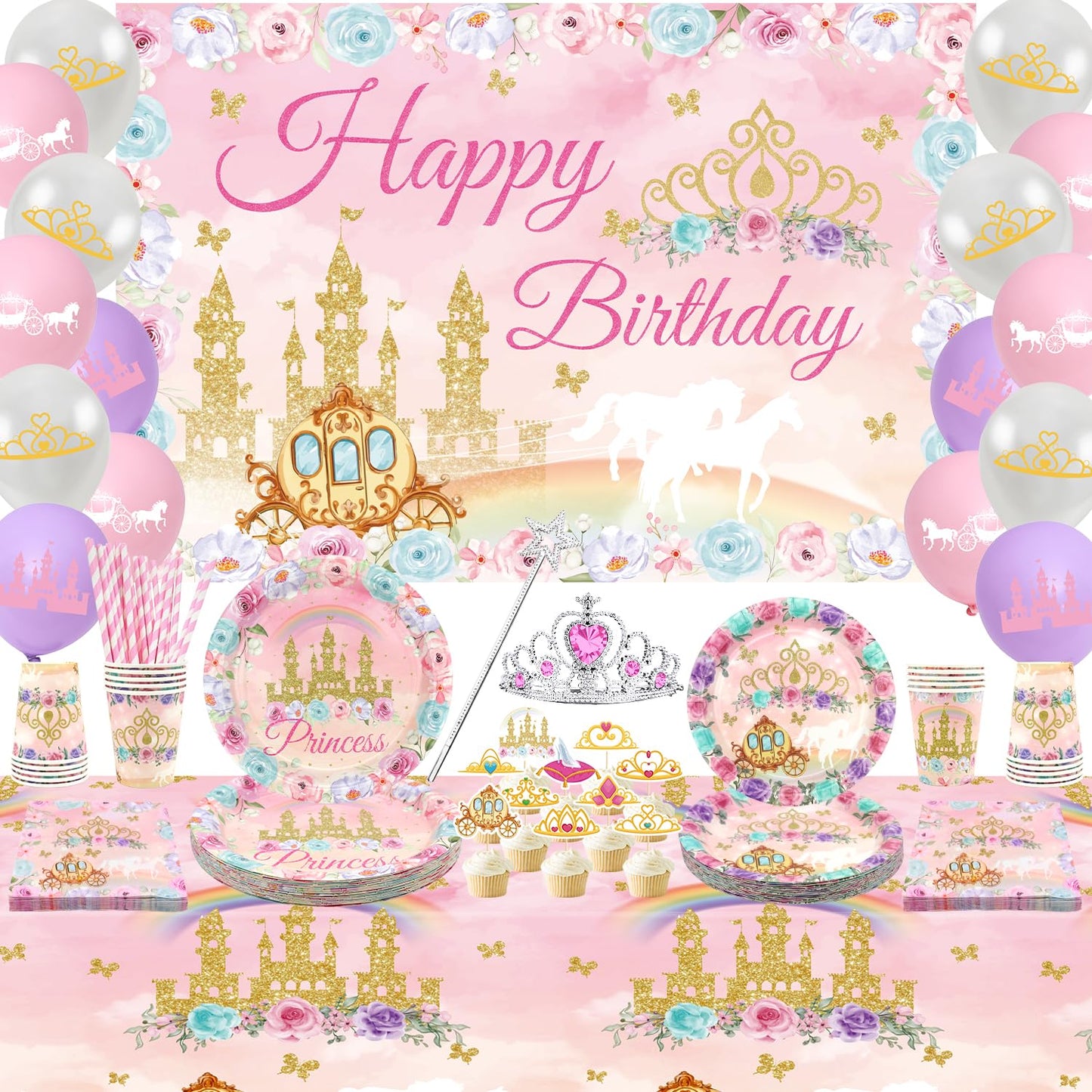Princess Birthday Party Supplies, Includes Backdrop Banner, Plate, Napkins, Cake Toppers, Crown, Wands, Tablecloth, Balloons, for Girls Princess Baby Shower Decorations Serve 20 Guests